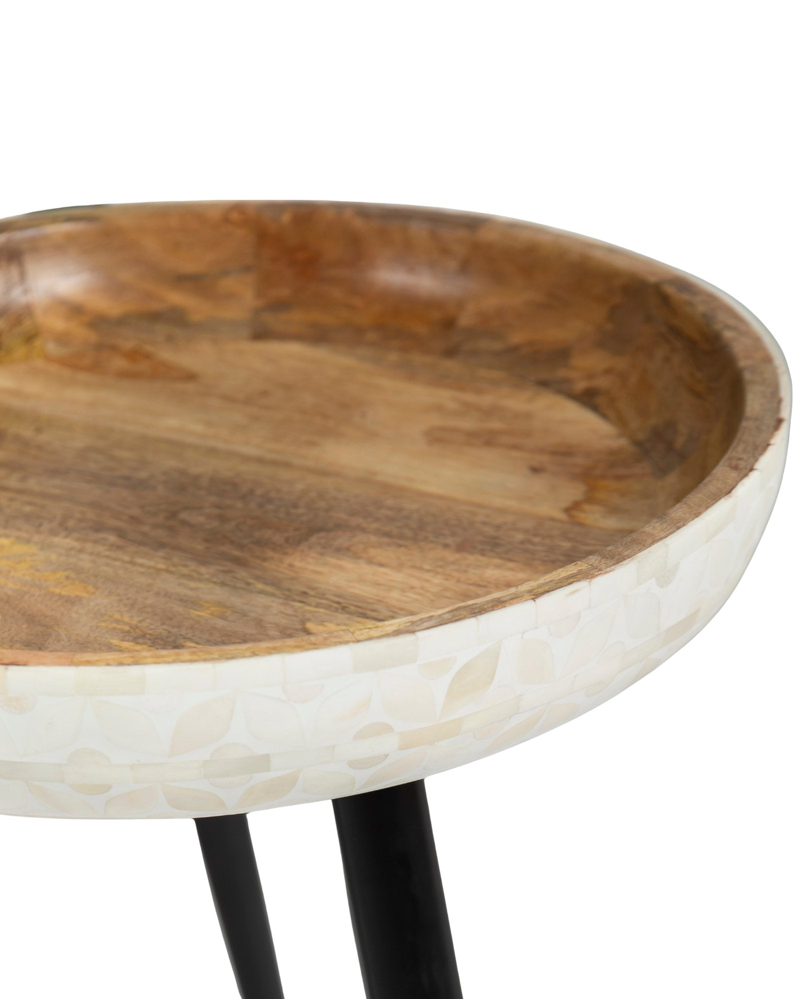Bone inlay side table featuring textured mosaic pattern in white with wooden top, handcrafted furniture piece.