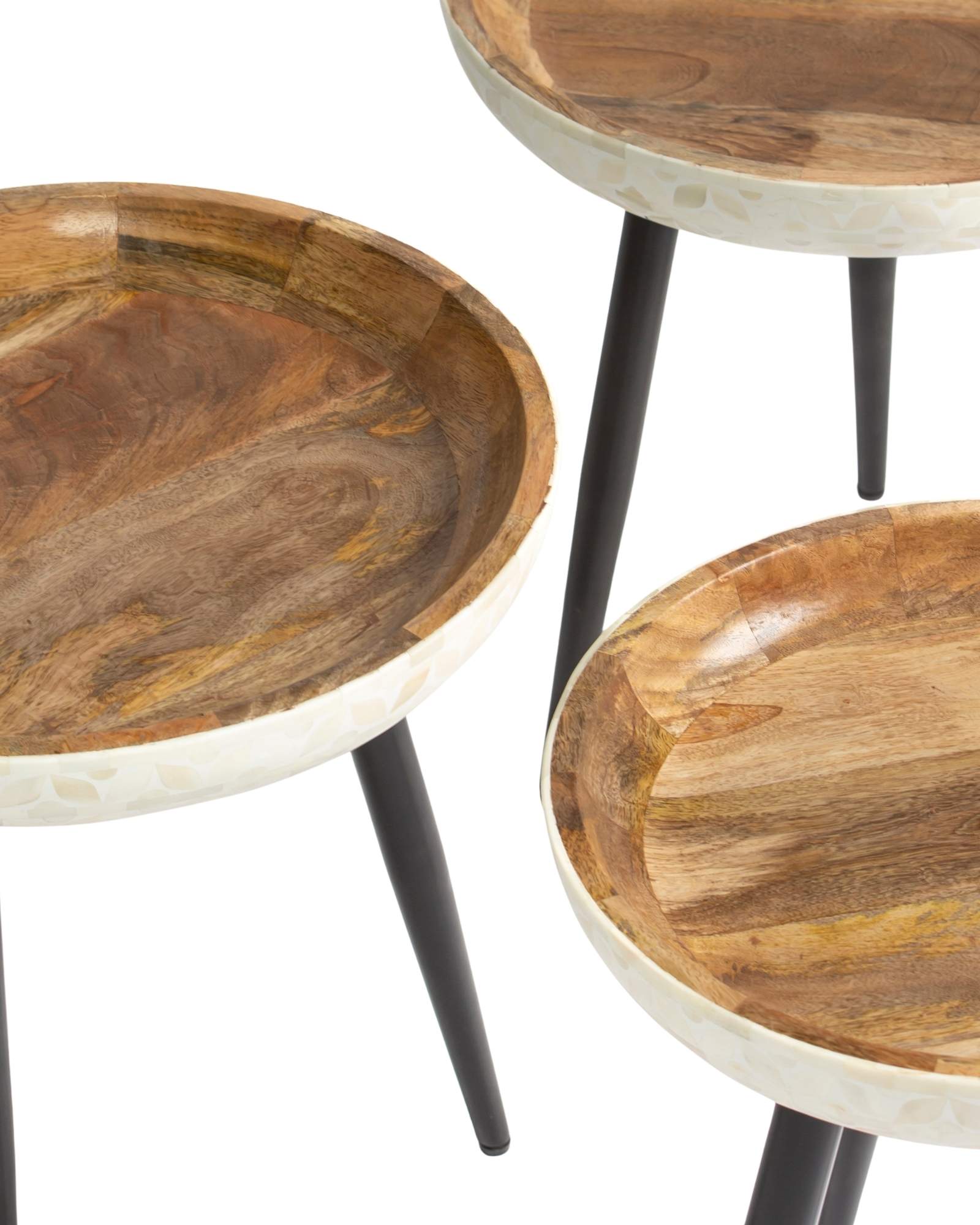 Bone inlay side table featuring textured mosaic pattern in white with wooden top, handcrafted furniture piece.