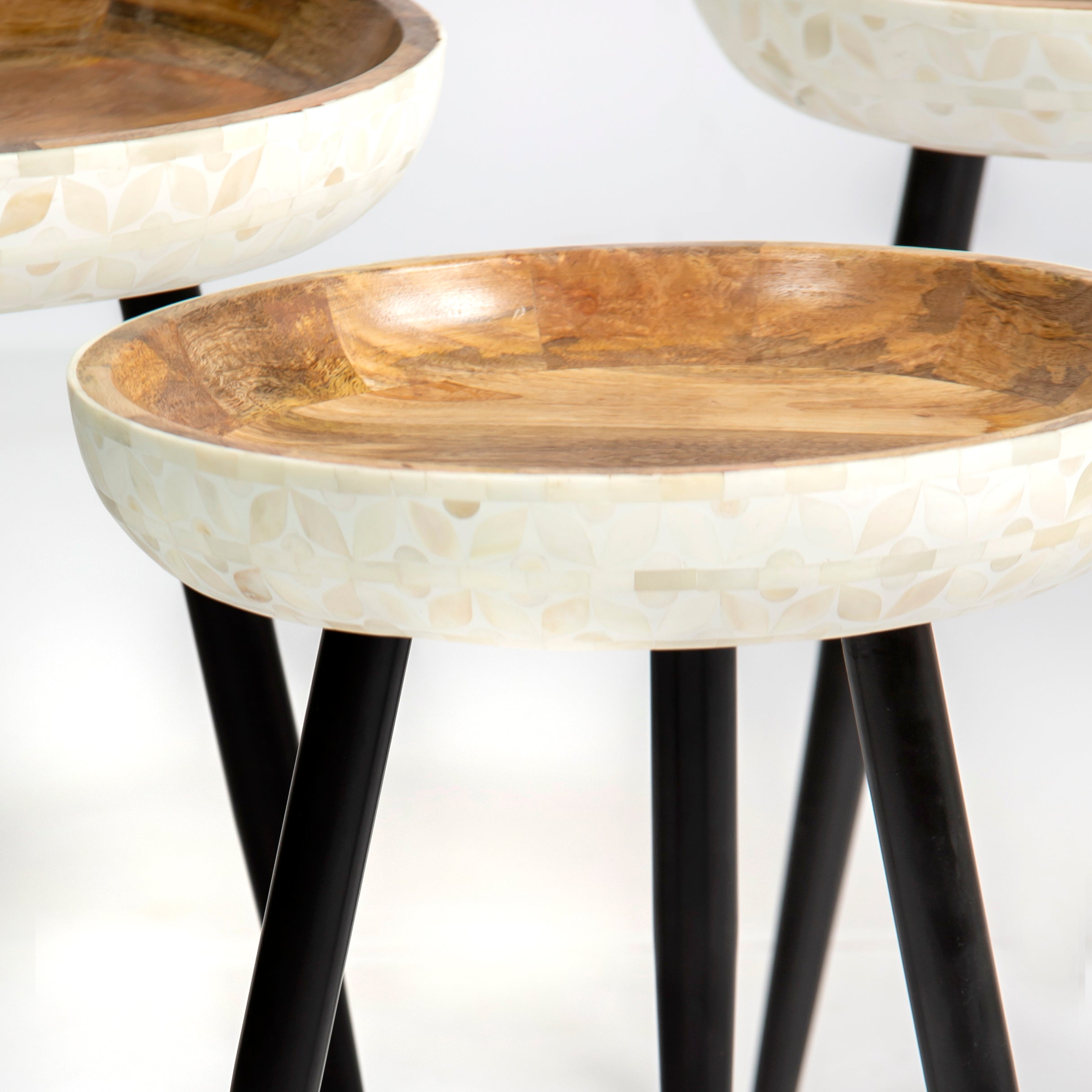 Bone inlay side table featuring textured mosaic pattern in white with wooden top, handcrafted furniture piece