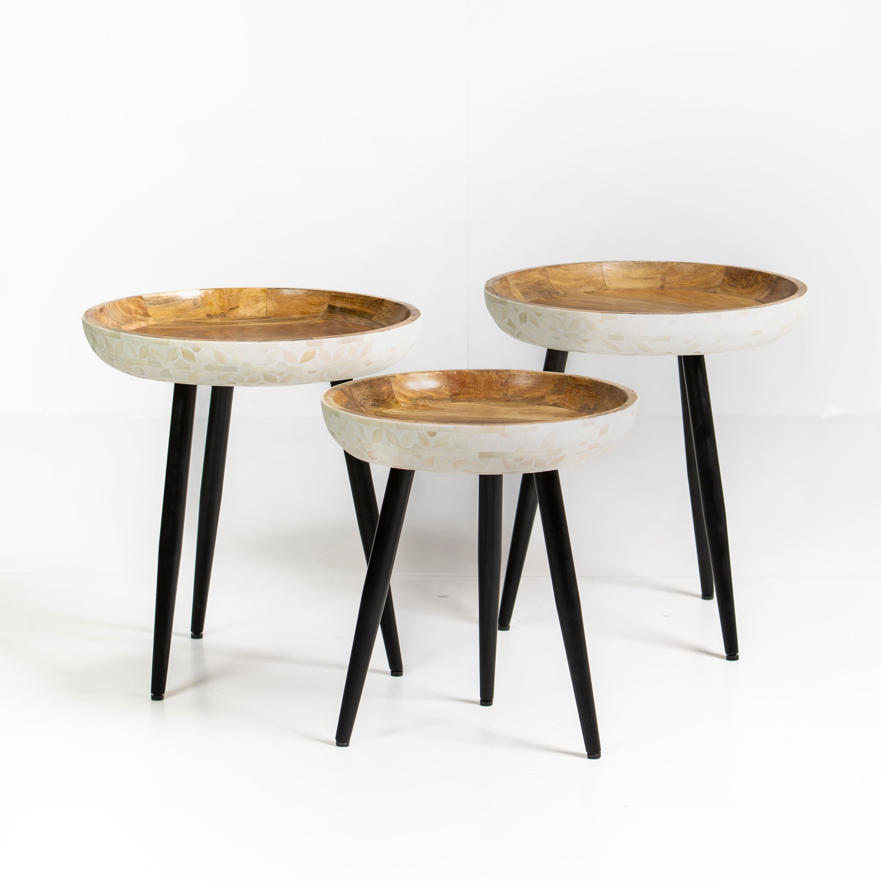 Bone inlay side table featuring textured mosaic pattern in white with wooden top, handcrafted furniture piece