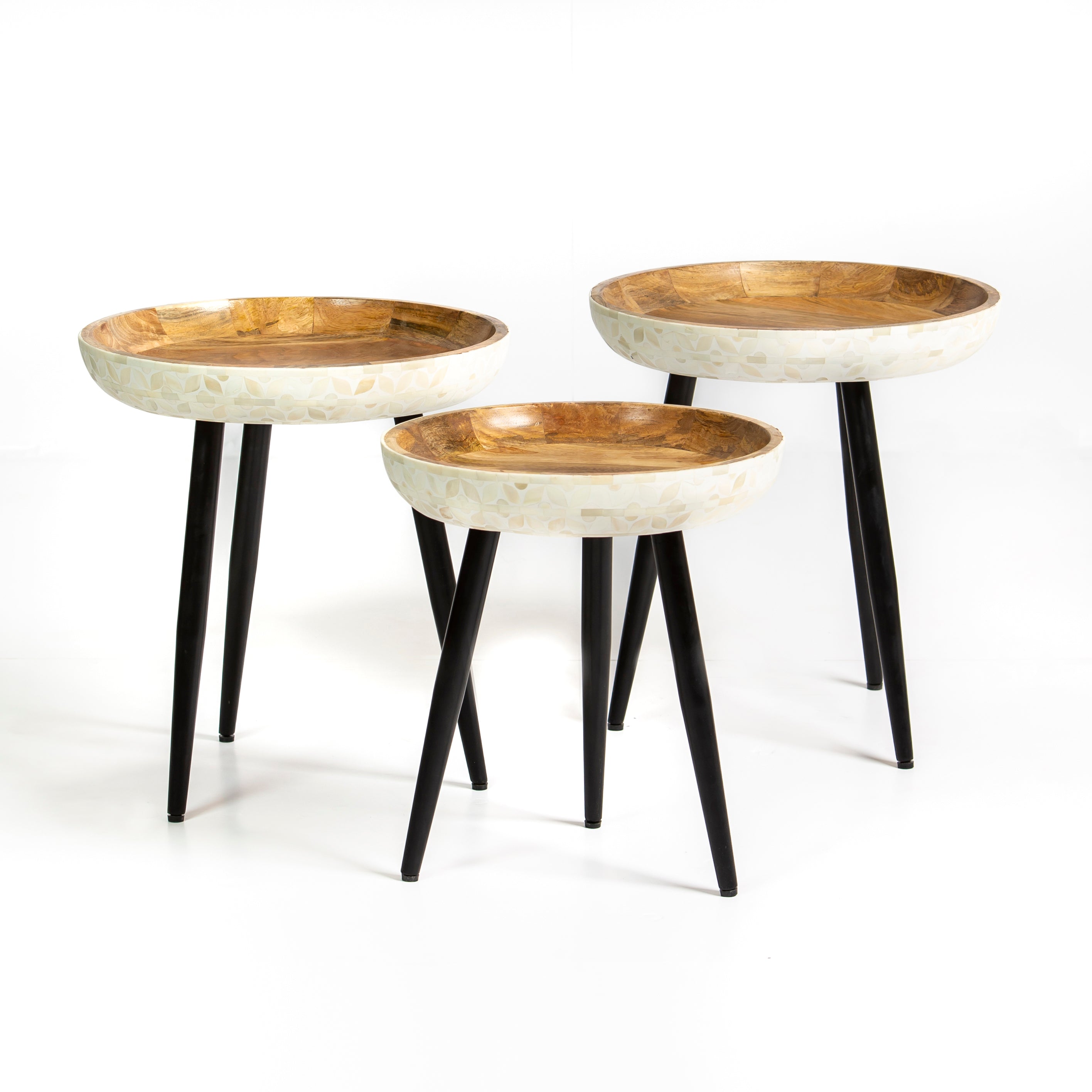 Bone inlay side table featuring textured mosaic pattern in white with wooden top, handcrafted furniture piece