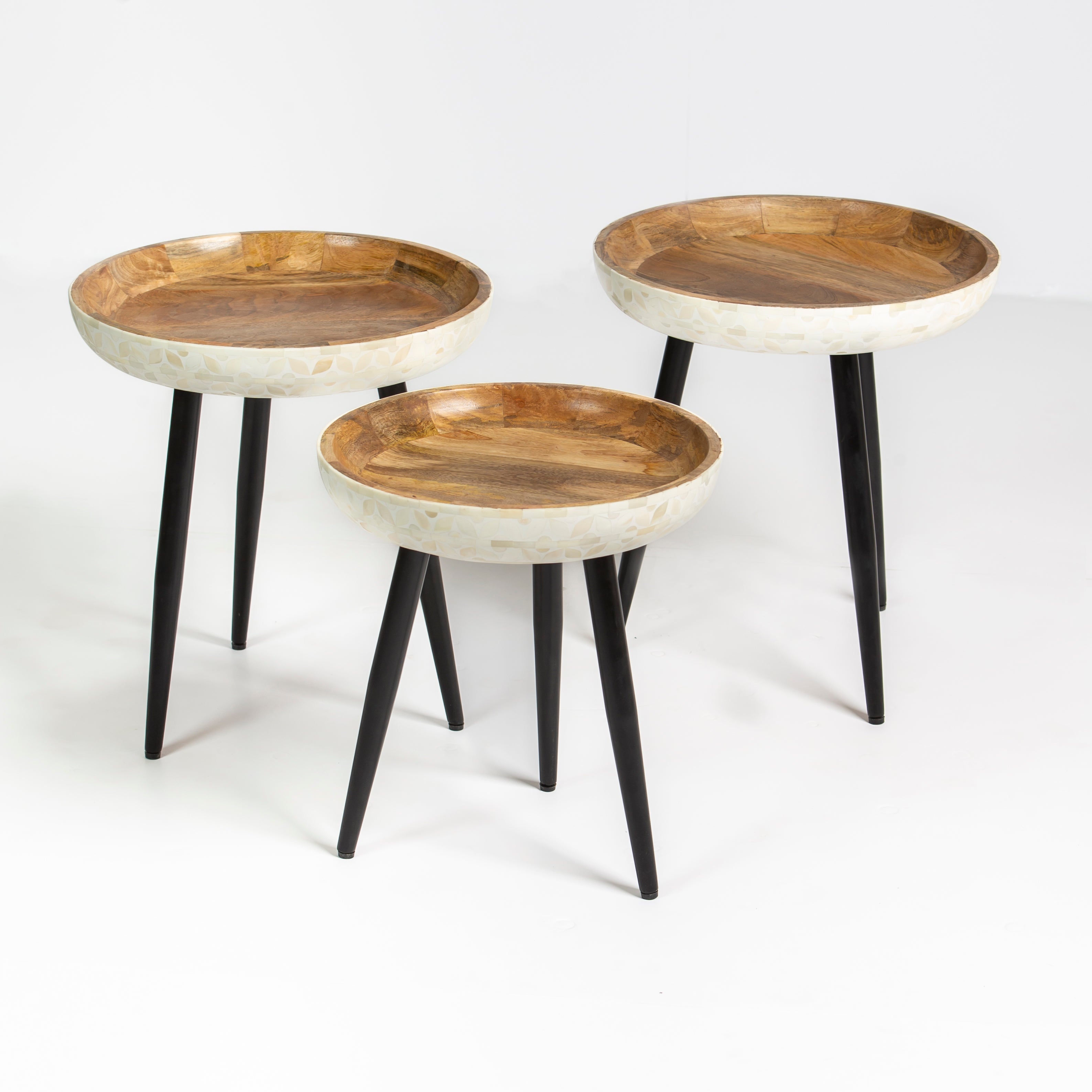 Bone inlay side table featuring textured mosaic pattern in white with wooden top, handcrafted furniture piece