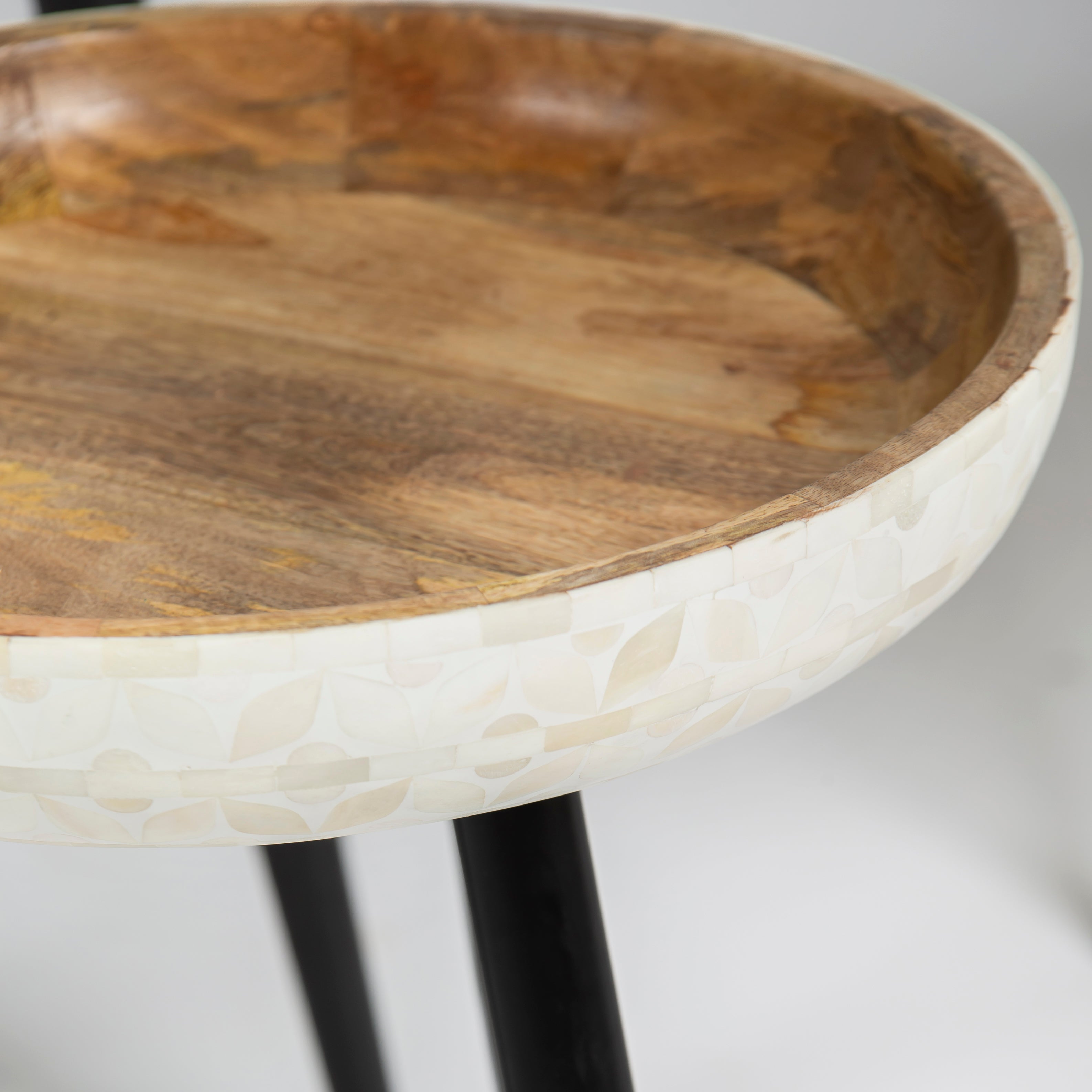 Bone inlay side table featuring textured mosaic pattern in white with wooden top, handcrafted furniture piece
