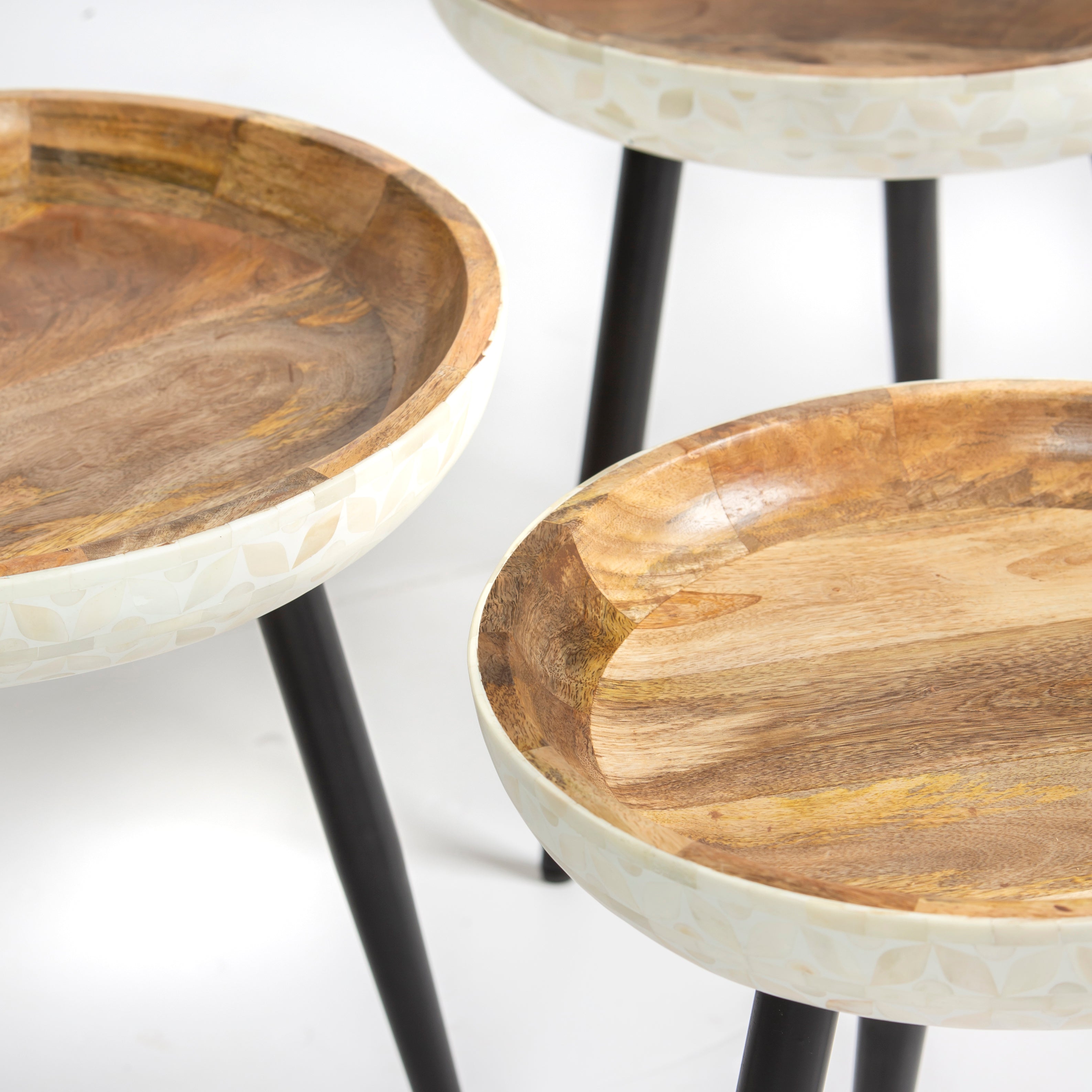 Bone inlay side table featuring textured mosaic pattern in white with wooden top, handcrafted furniture piece