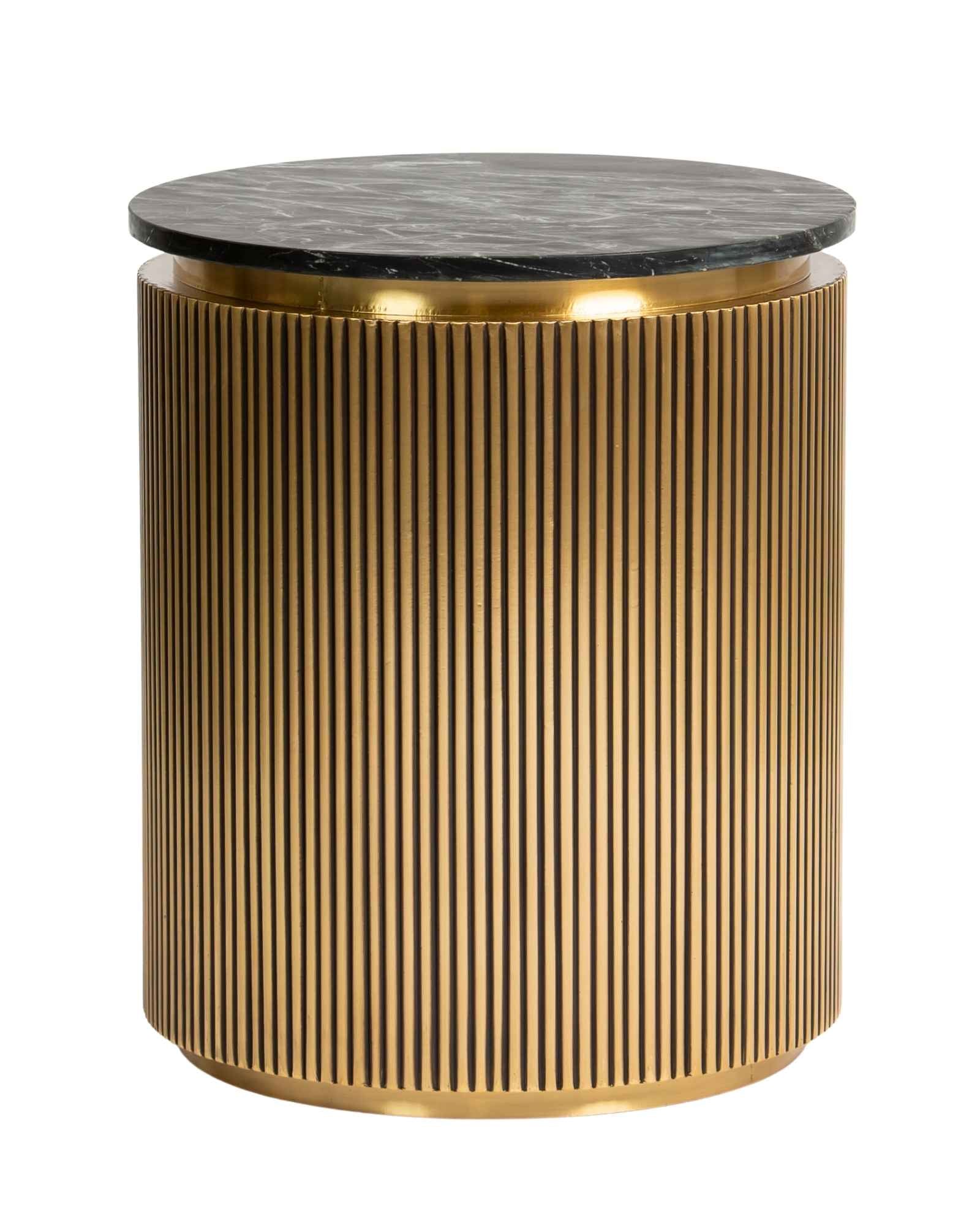 Brass clad side table featuring fluted texture with black marble top, handcrafted furniture piece.