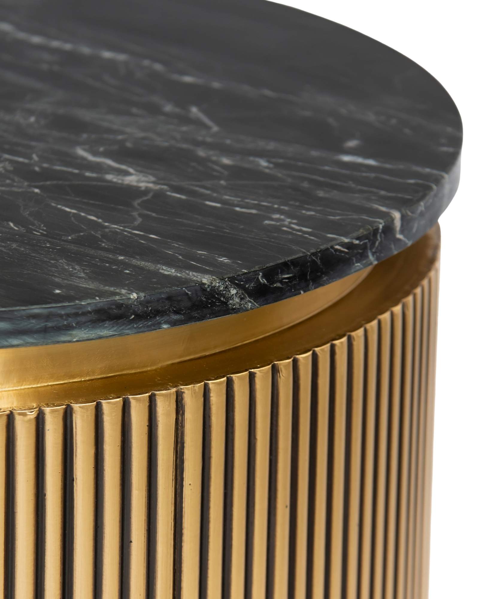 Brass clad side table featuring fluted texture with black marble top, handcrafted furniture piece.