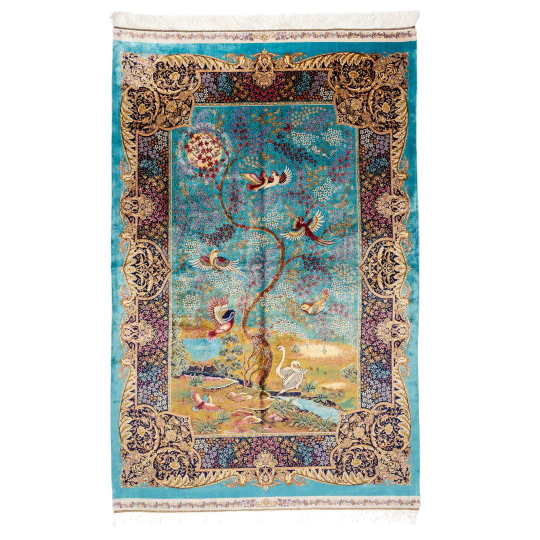 Luxurious silk rug with turquoise base, floral borders, and tree of life with colorful birds and swans.