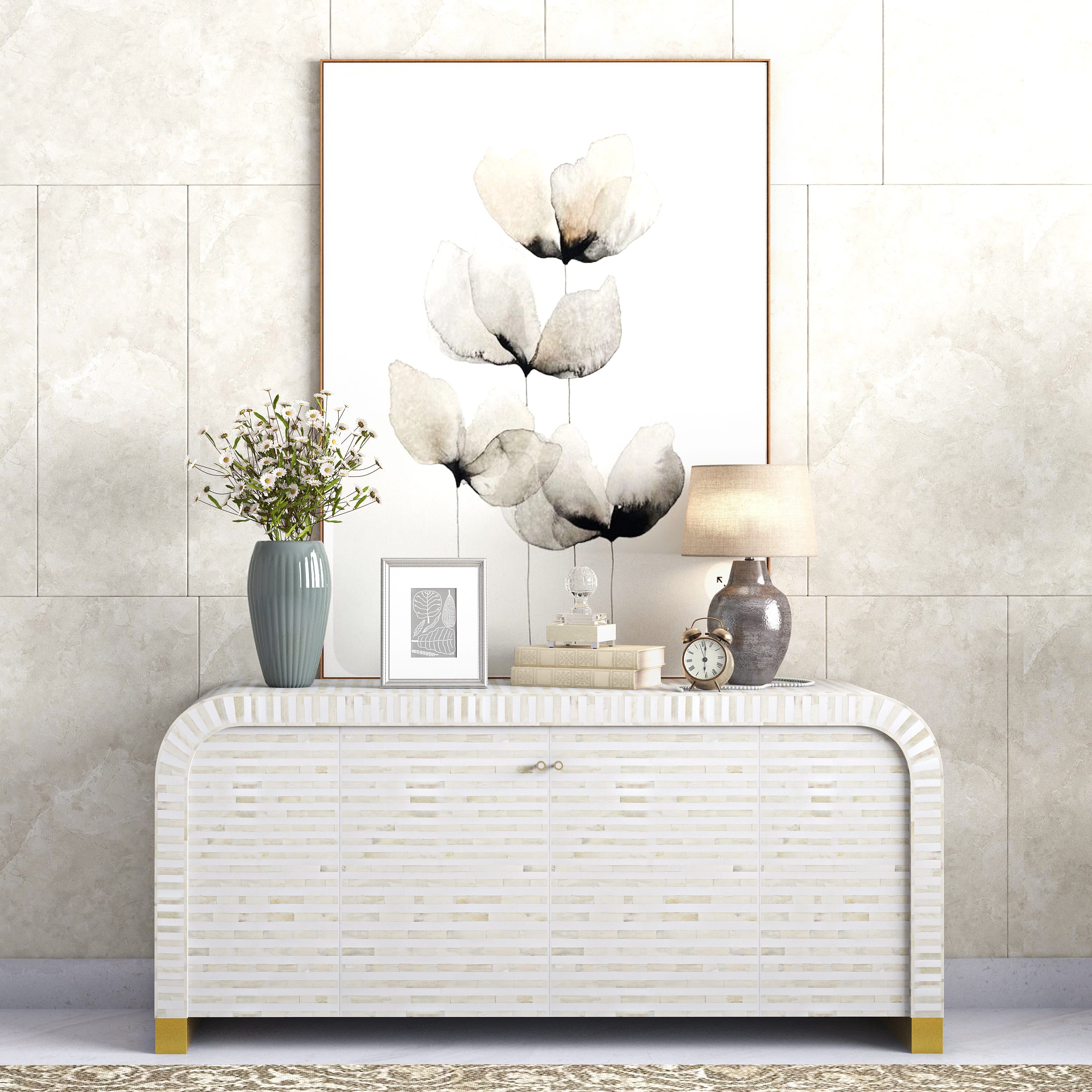 Elegant white bone inlay Lipari Cabinet with gold accents, handcrafted with intricate detailing and ample storage.