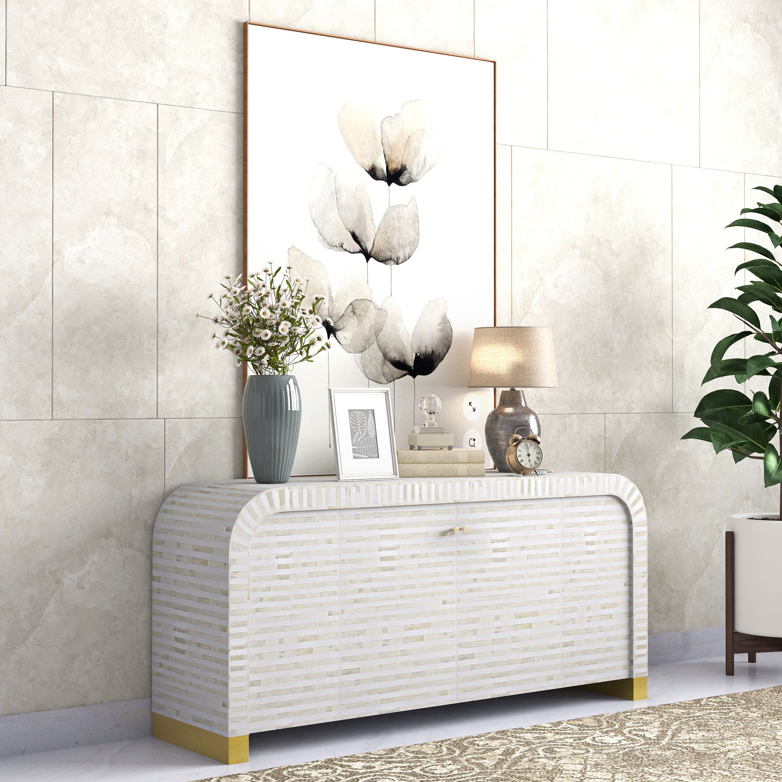 Elegant white bone inlay Lipari Cabinet with gold accents, handcrafted with intricate detailing and ample storage.