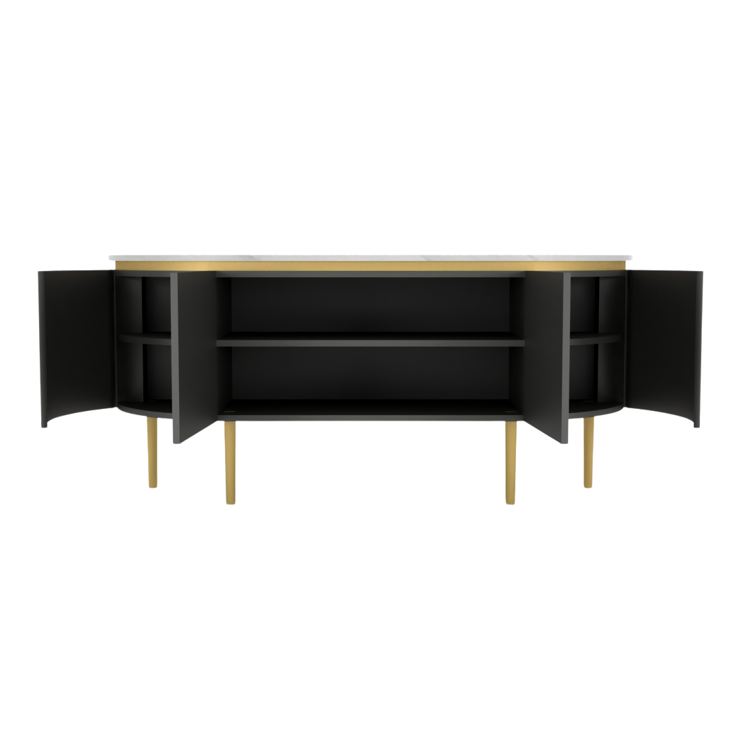 Black bone inlay sideboard with white marble top and brass legs, handcrafted with vertical striping and curved silhouette, luxury interior furniture.