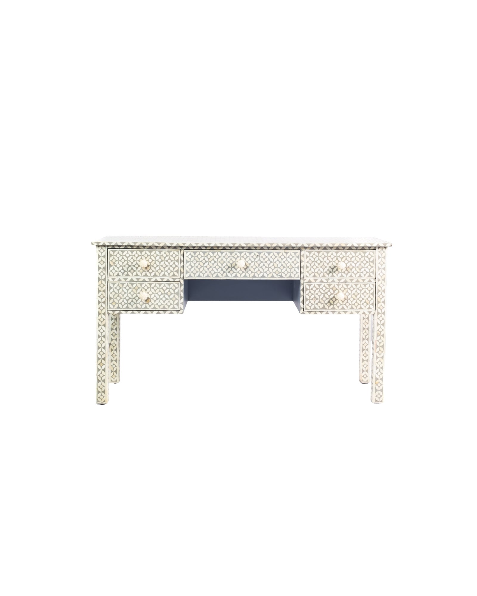 Grey bone inlay console desk with five drawers and geometric design, handcrafted with detailed knobs and artisan craftsmanship.