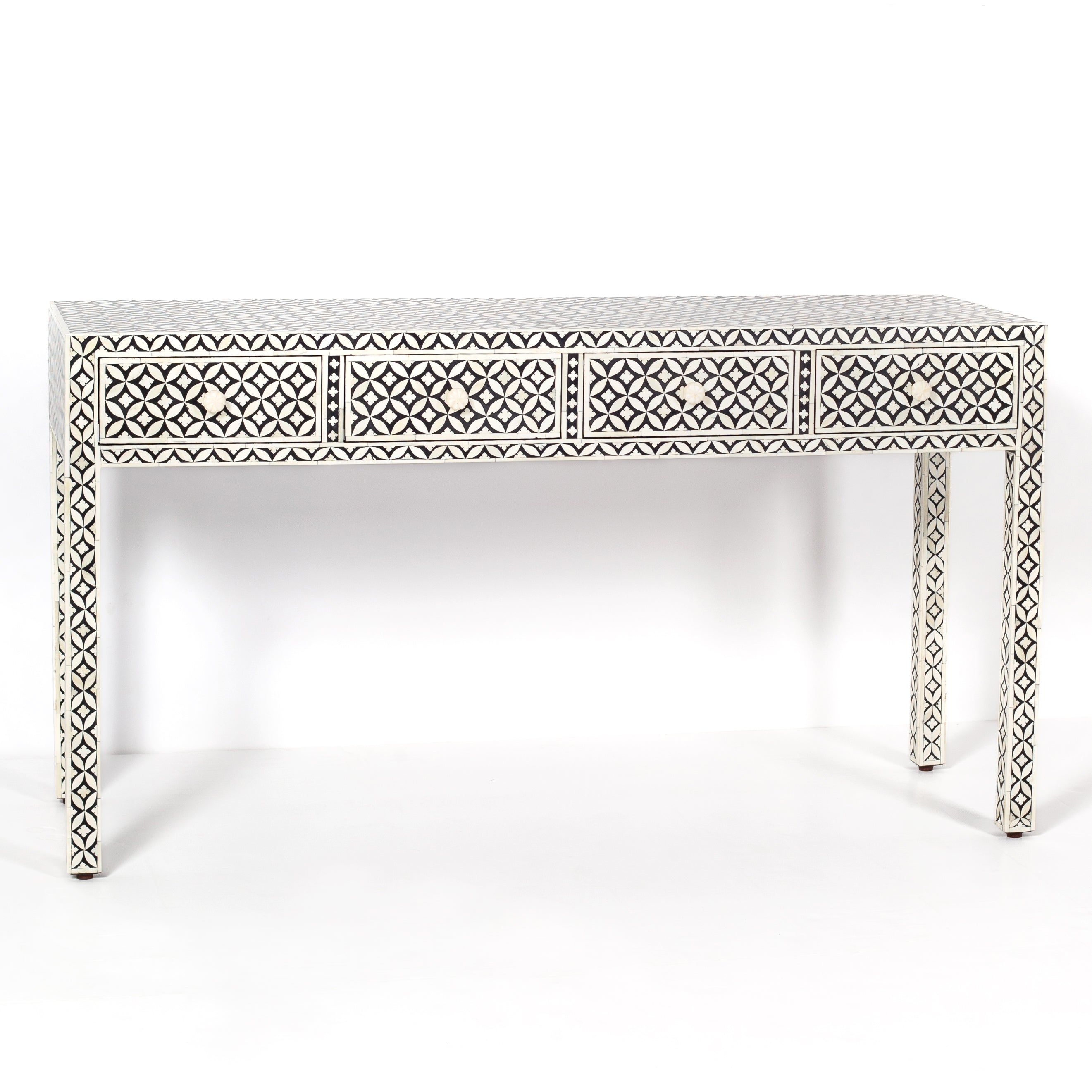 Handcrafted black and white bone inlay console table on mango wood, artisan-made heirloom by Tabeer Homes furniture.