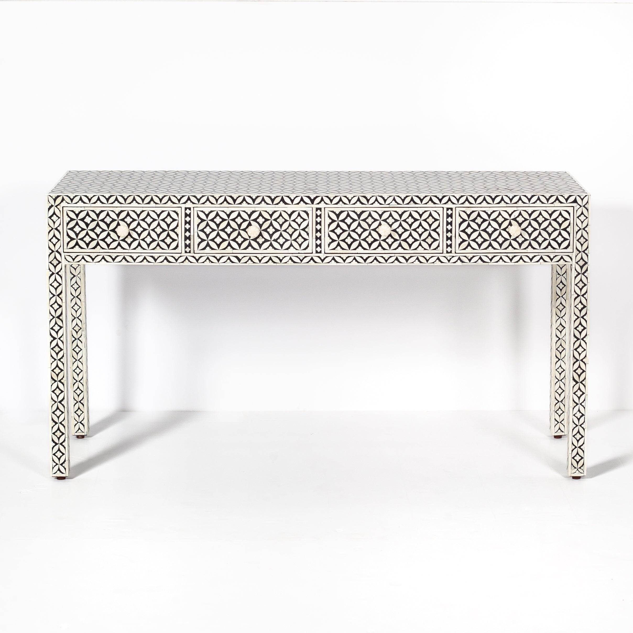 Handcrafted black and white bone inlay console table on mango wood, artisan-made heirloom by Tabeer Homes furniture.