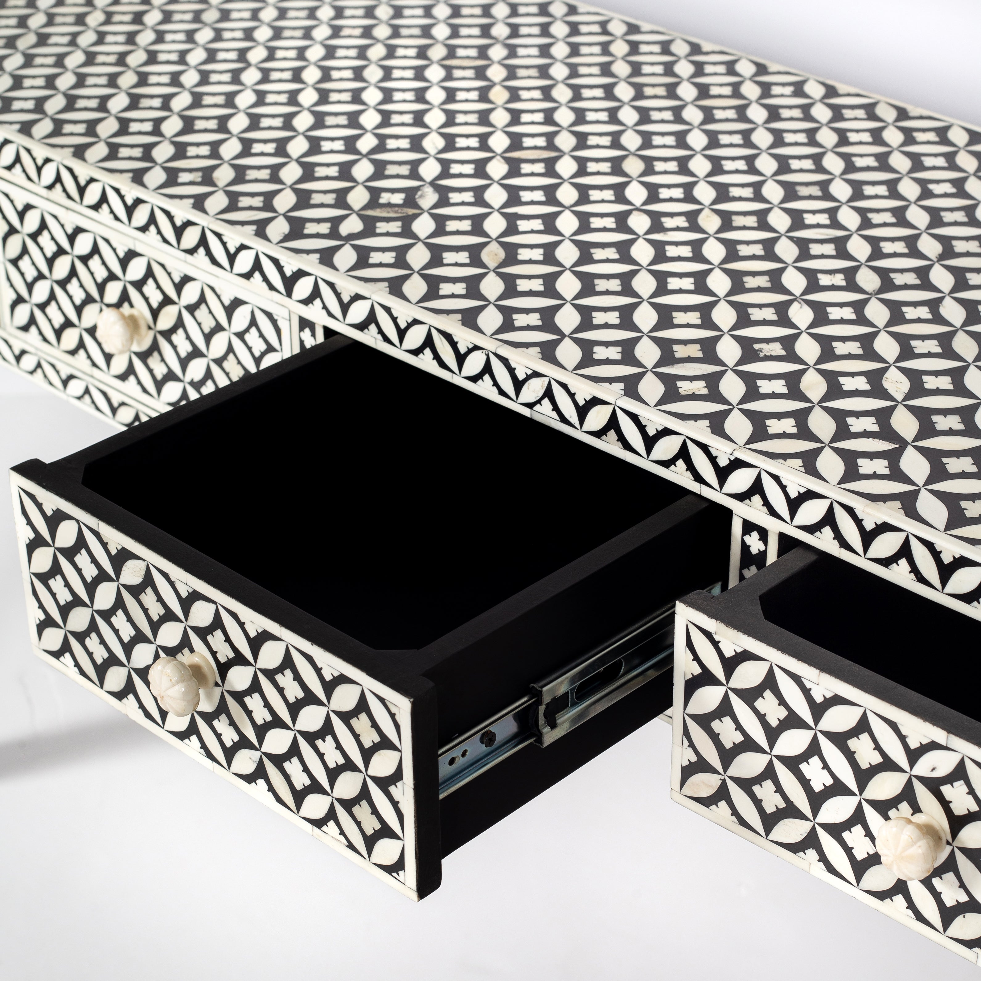 Handcrafted black and white bone inlay console table on mango wood, artisan-made heirloom by Tabeer Homes furniture.