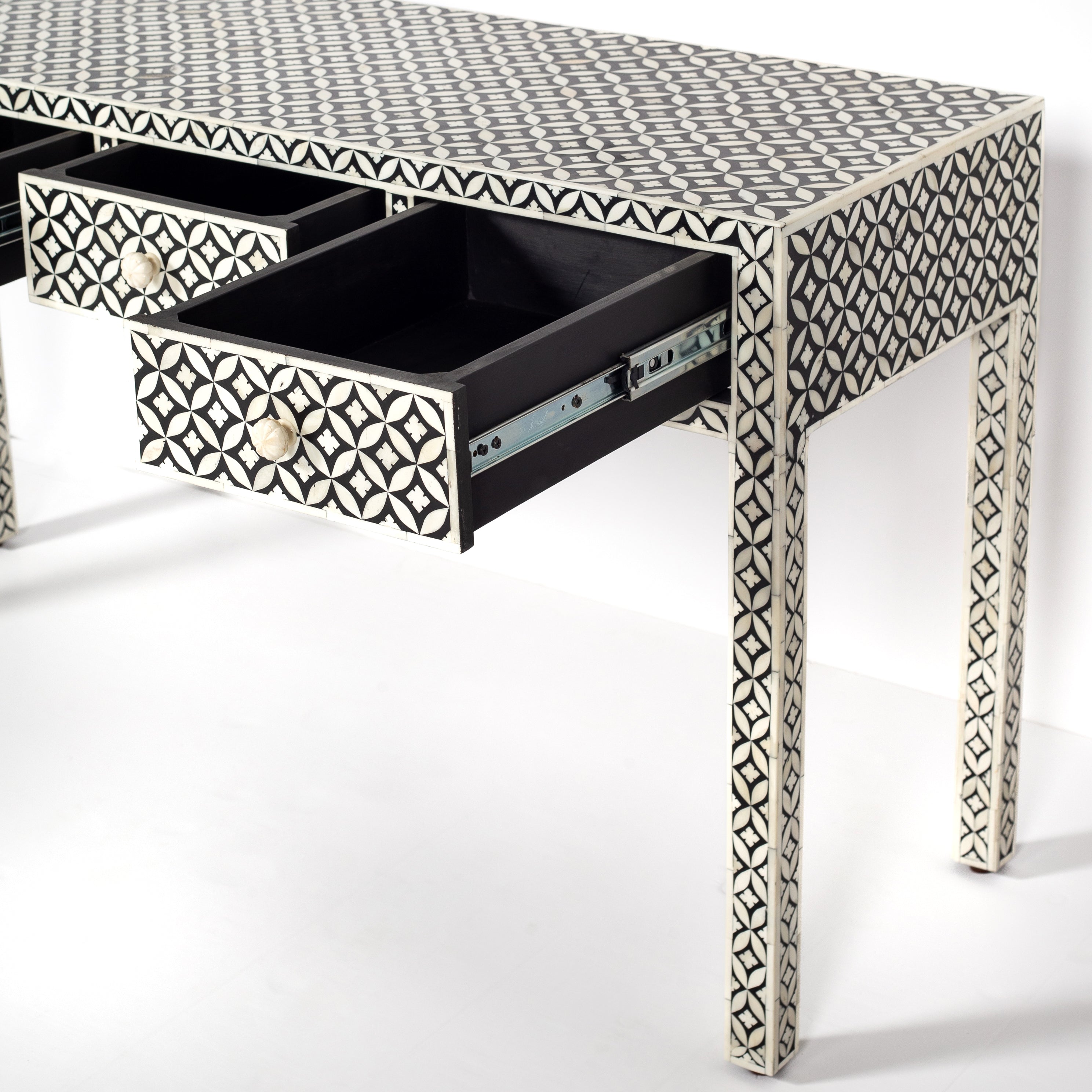 Handcrafted black and white bone inlay console table on mango wood, artisan-made heirloom by Tabeer Homes furniture.