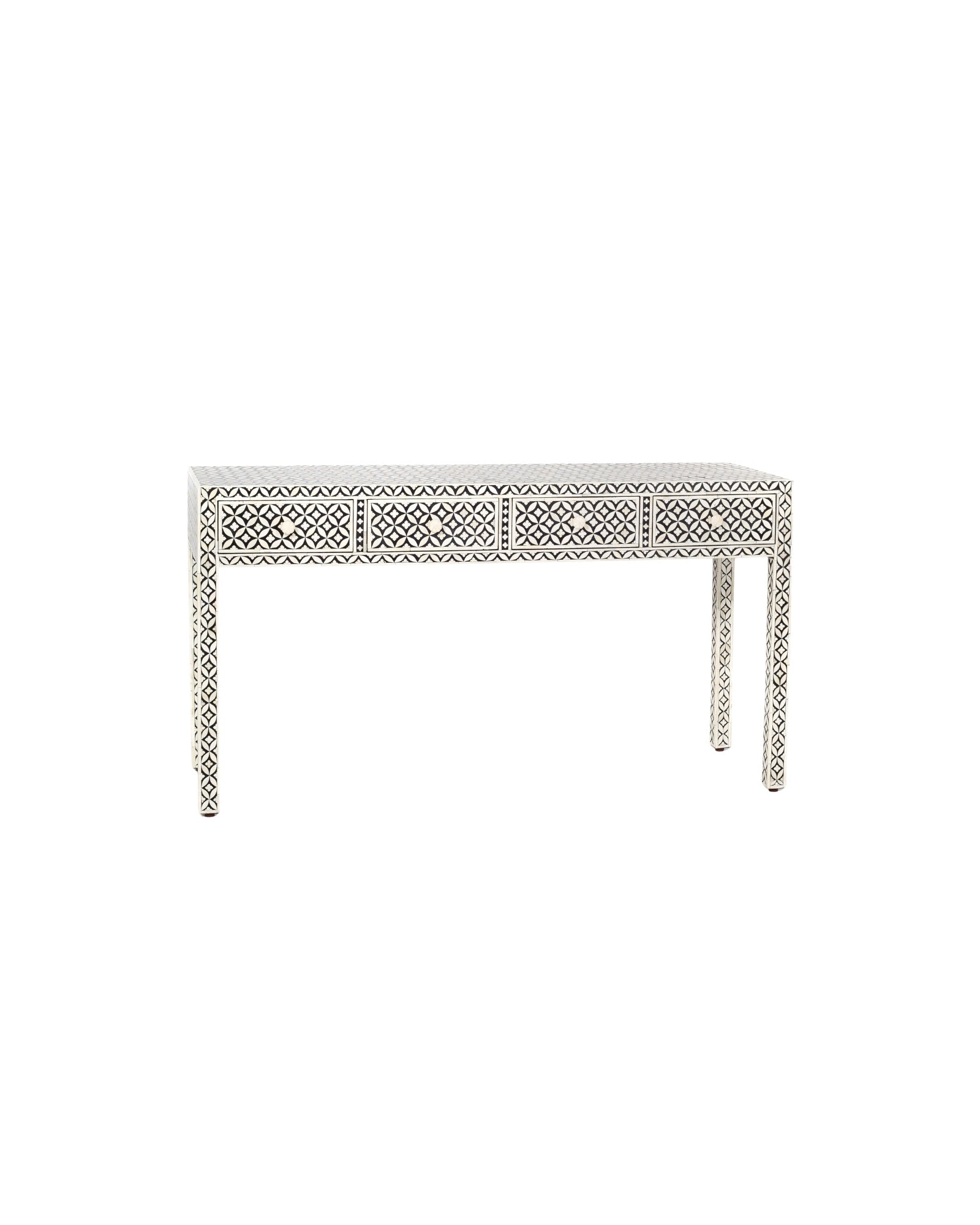 Handcrafted black and white bone inlay console table on mango wood, artisan-made heirloom by Tabeer Homes furniture.