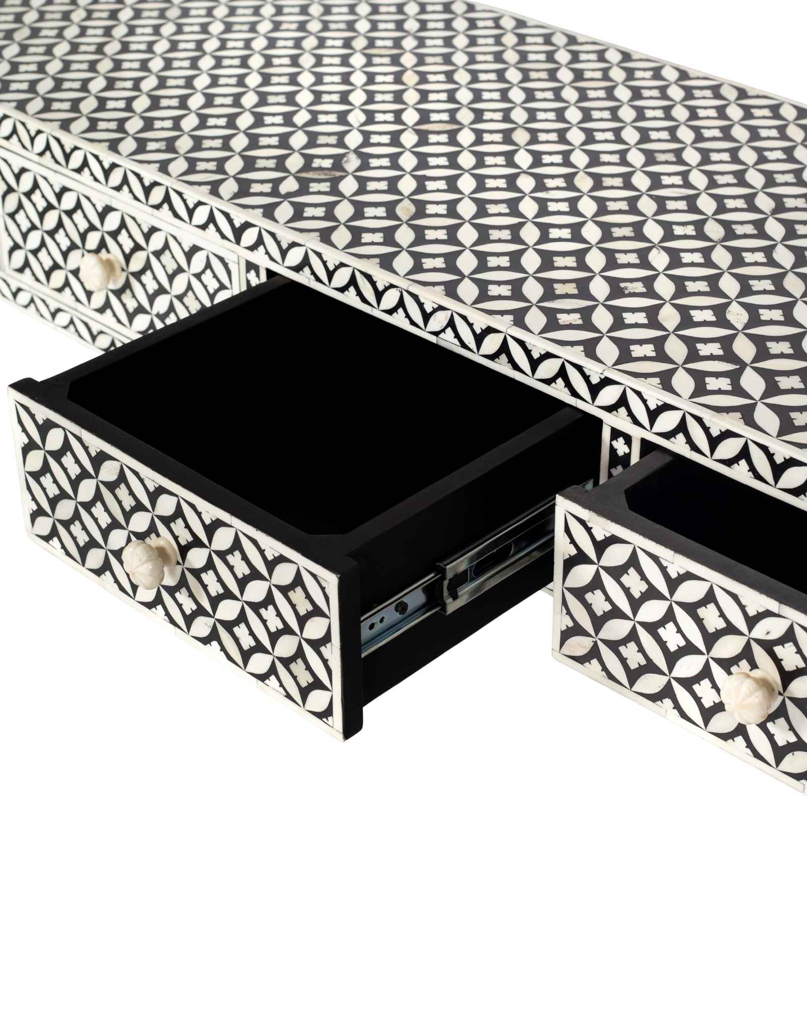 Handcrafted black and white bone inlay console table on mango wood, artisan-made heirloom by Tabeer Homes furniture.