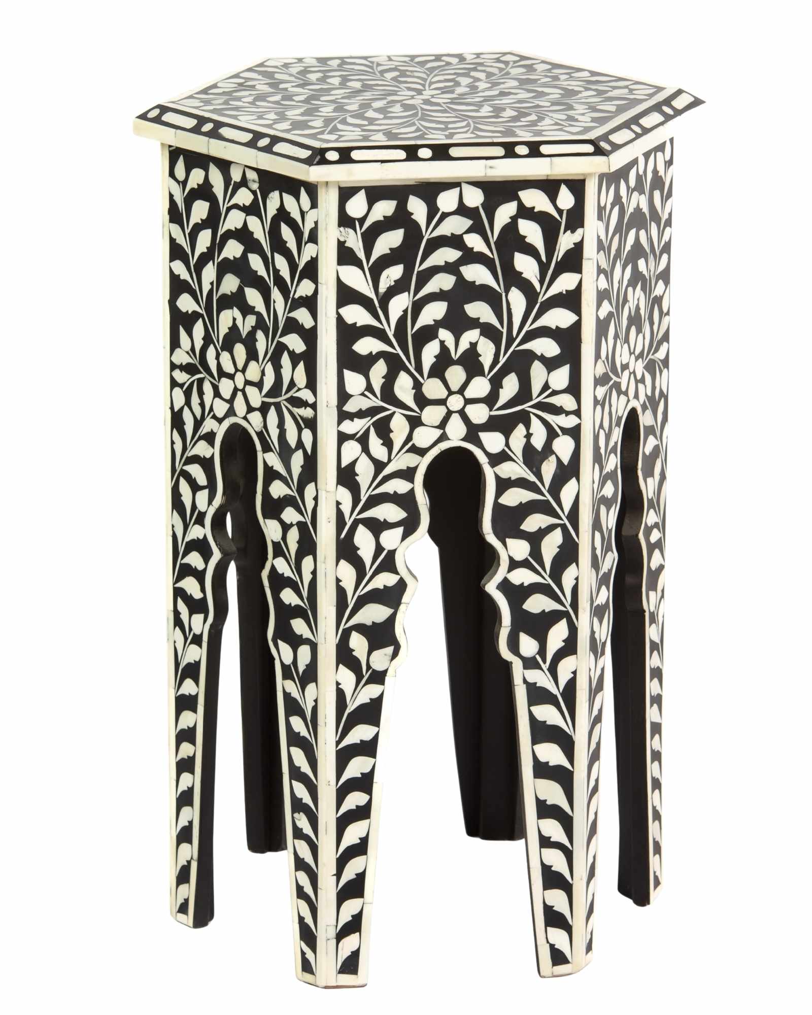 Handcrafted Yasmine side table in black bone inlay with a hexagonal form and arched legs, perfect as a refined accent piece.