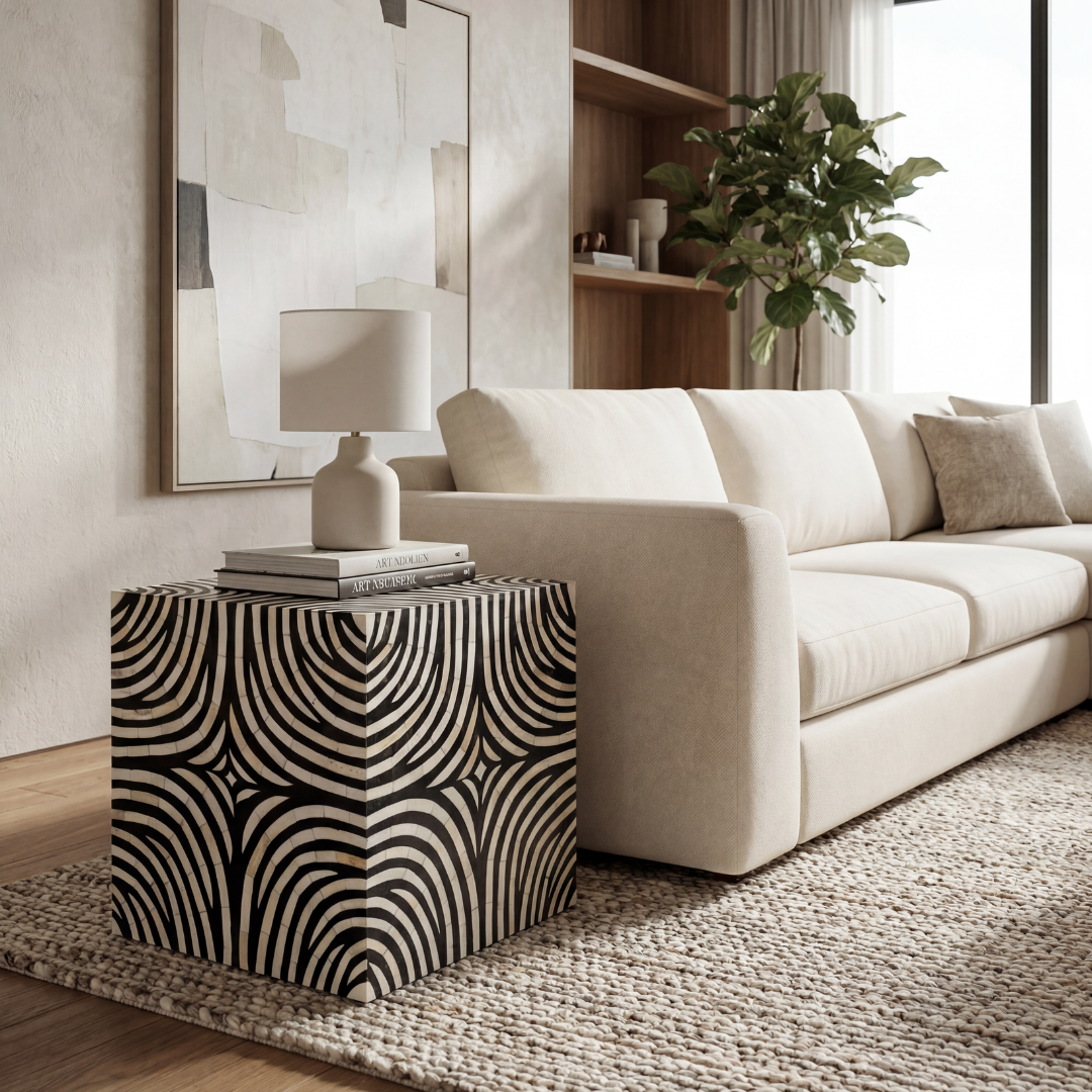 Zebra Side Table - Black & White Bone Inlay - Tabeer Homes