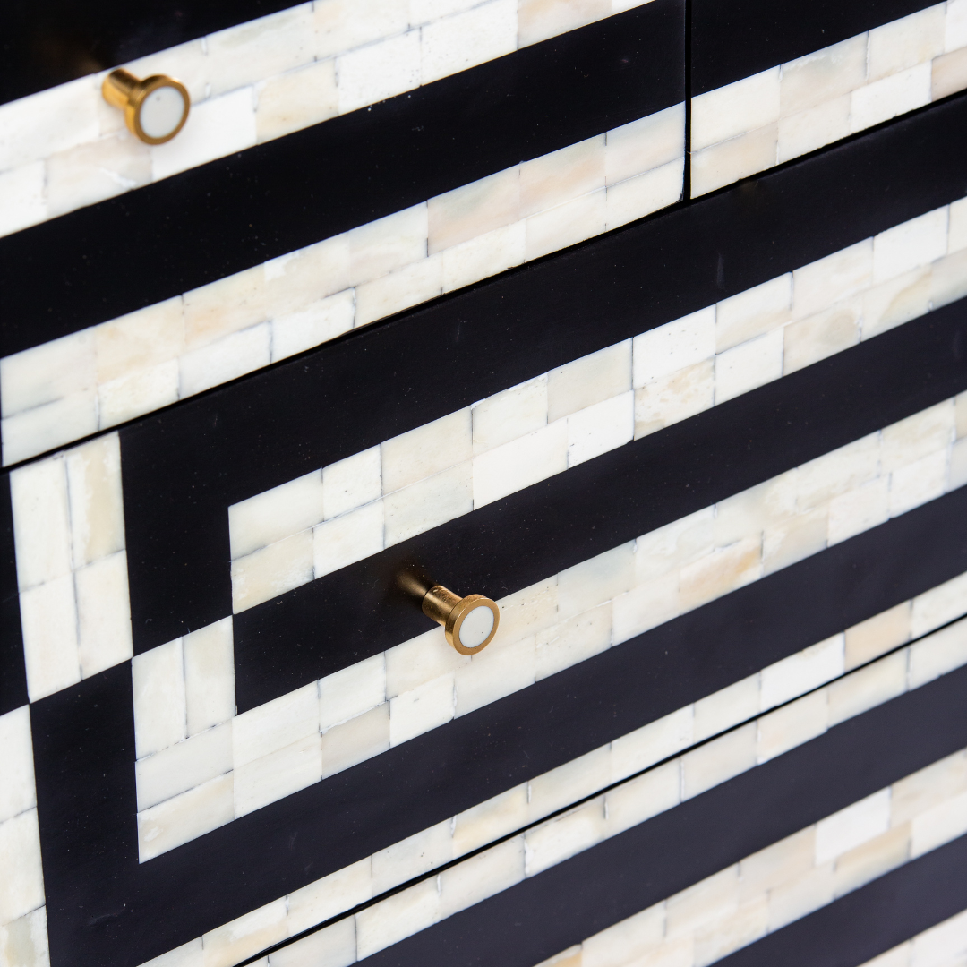 Zuri Striped Chest of Drawers in Black and white bone inlay by Tabeer Homes, featuring 7 drawers.