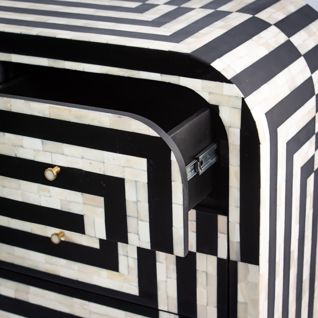 Zuri Striped Chest of Drawers in Black and white bone inlay by Tabeer Homes, featuring 7 drawers.