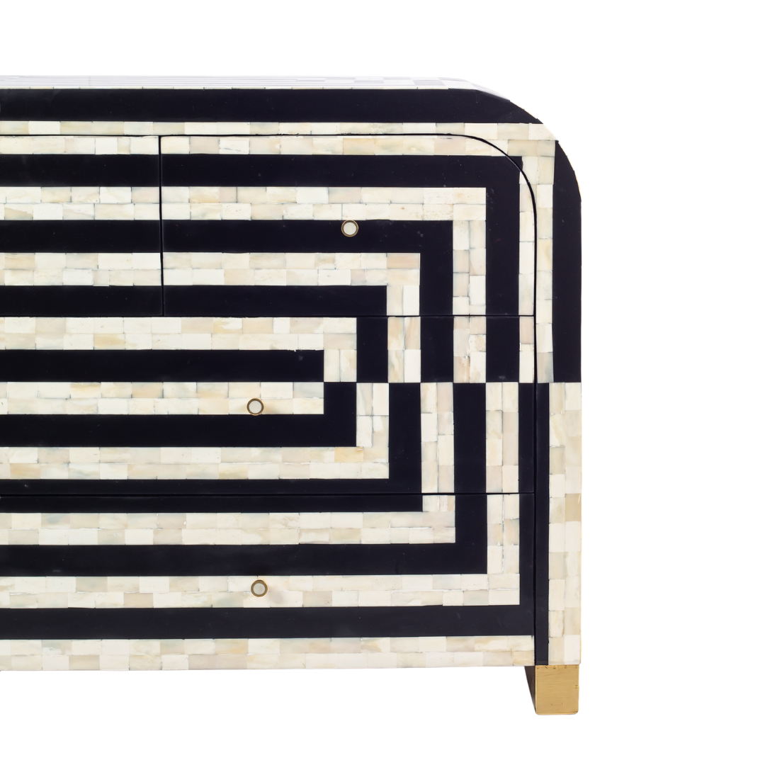 Zuri Striped Chest of Drawers in Black and white bone inlay by Tabeer Homes, featuring 7 drawers.