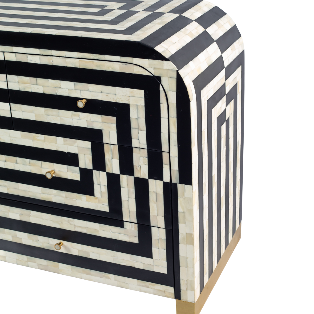 Zuri Striped Chest of Drawers in Black and white bone inlay by Tabeer Homes, featuring 7 drawers.