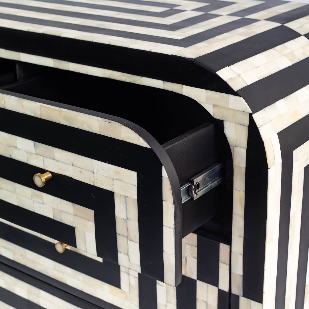 Zuri Striped Chest of Drawers in Black and white bone inlay by Tabeer Homes, featuring 7 drawers.