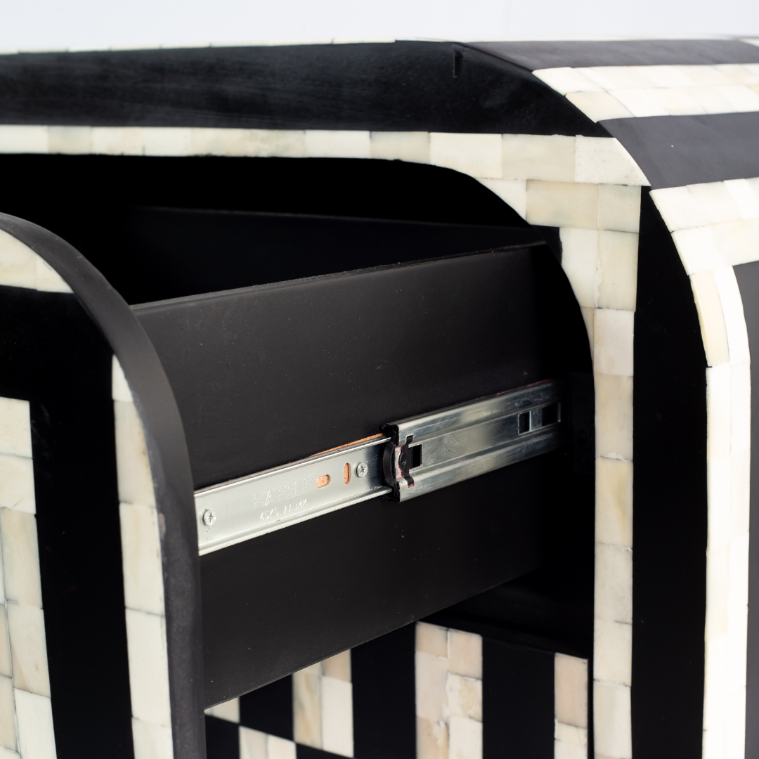 Zuri Striped Chest of Drawers in Black and white bone inlay by Tabeer Homes, featuring 7 drawers.