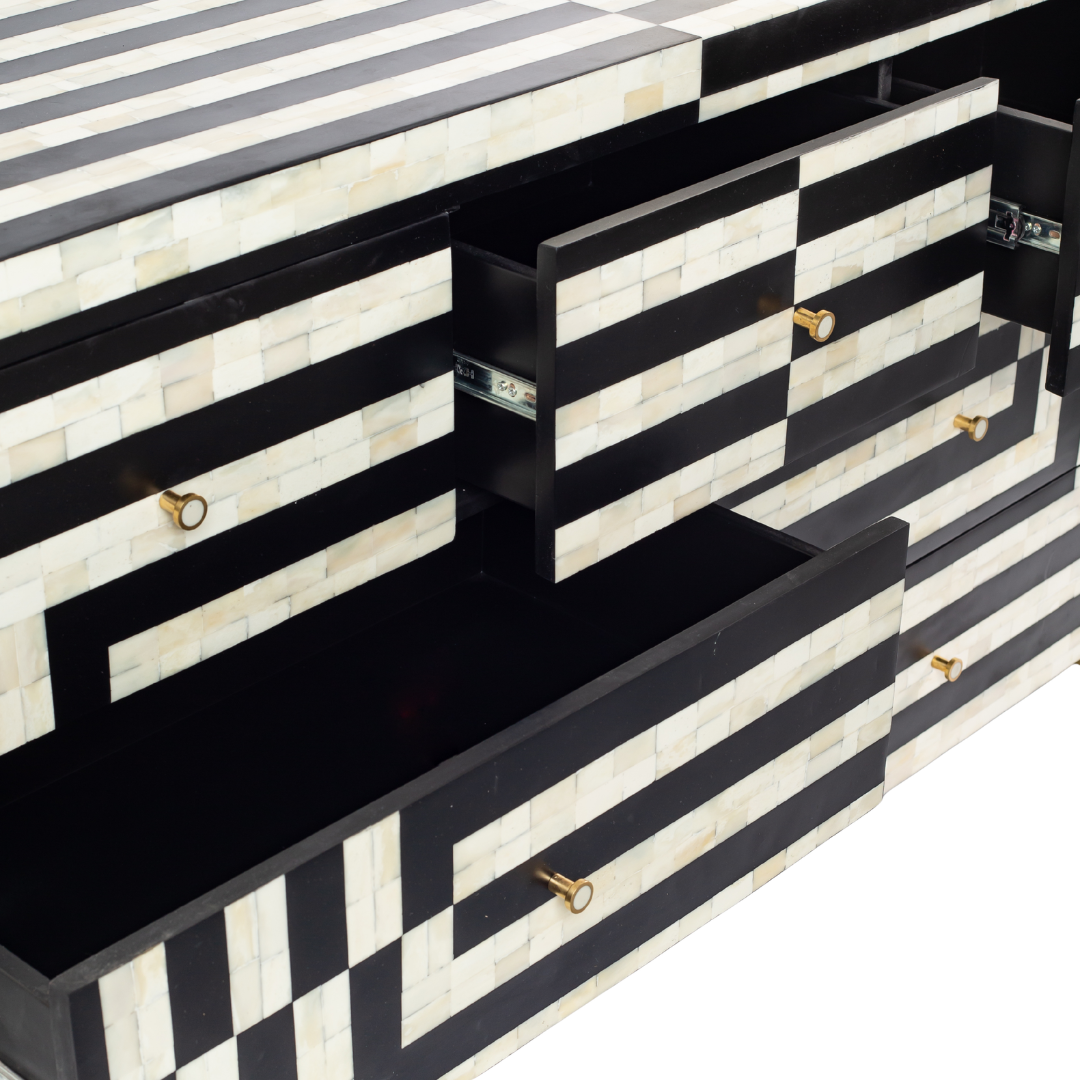 Zuri Striped Chest of Drawers in Black and white bone inlay by Tabeer Homes, featuring 7 drawers.
