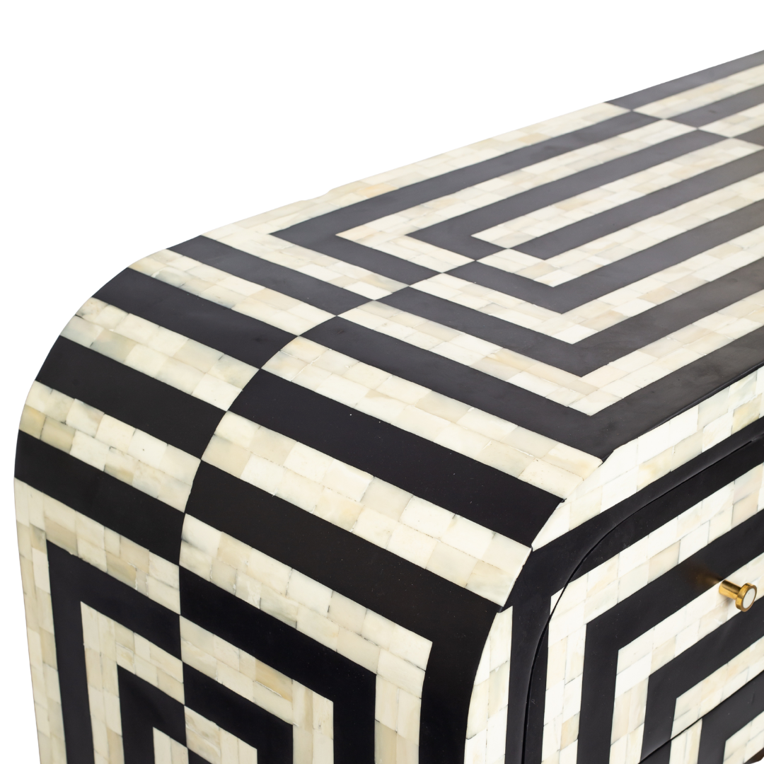 Zuri Striped Chest of Drawers in Black and white bone inlay by Tabeer Homes, featuring 7 drawers.