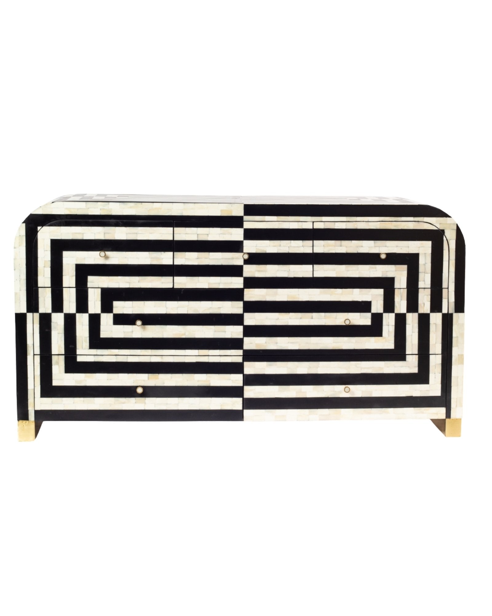 Zuri Striped Chest of Drawers in Black and white bone inlay by Tabeer Homes, featuring 7 drawers.