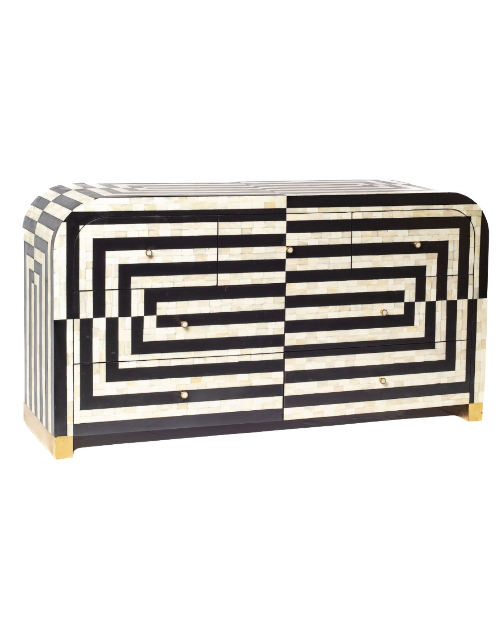 Zuri Striped Chest of Drawers in Black and white bone inlay by Tabeer Homes, featuring 7 drawers.