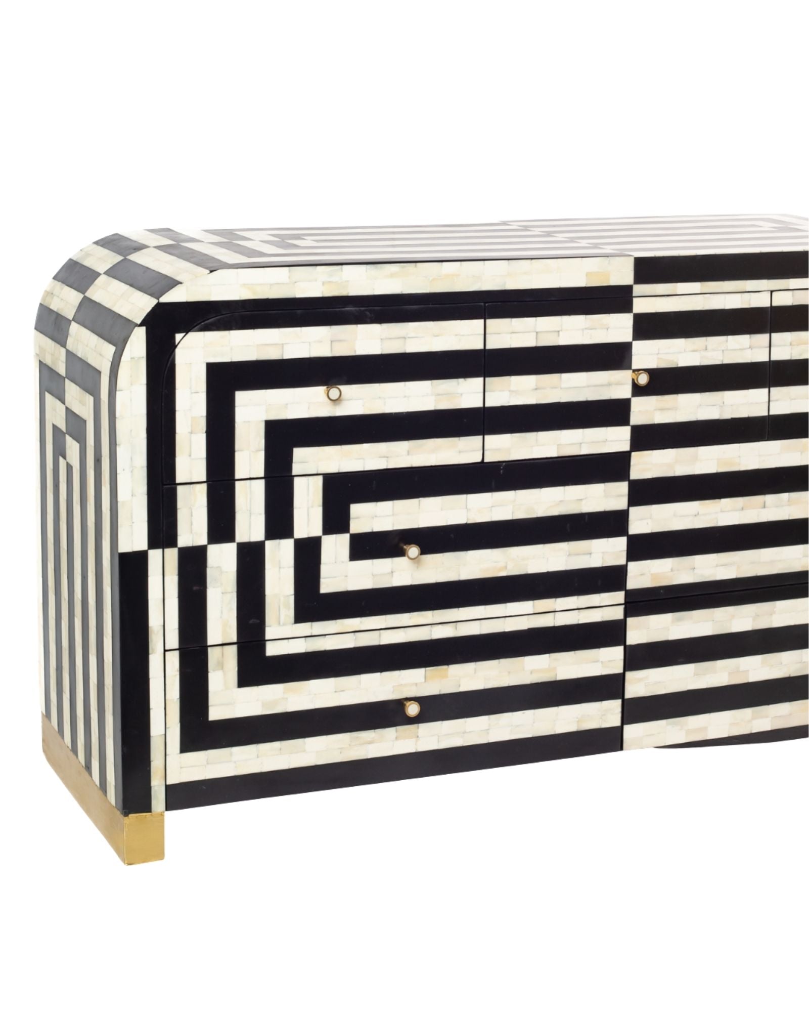 Zuri Striped Chest of Drawers in Black and white bone inlay by Tabeer Homes, featuring 7 drawers.