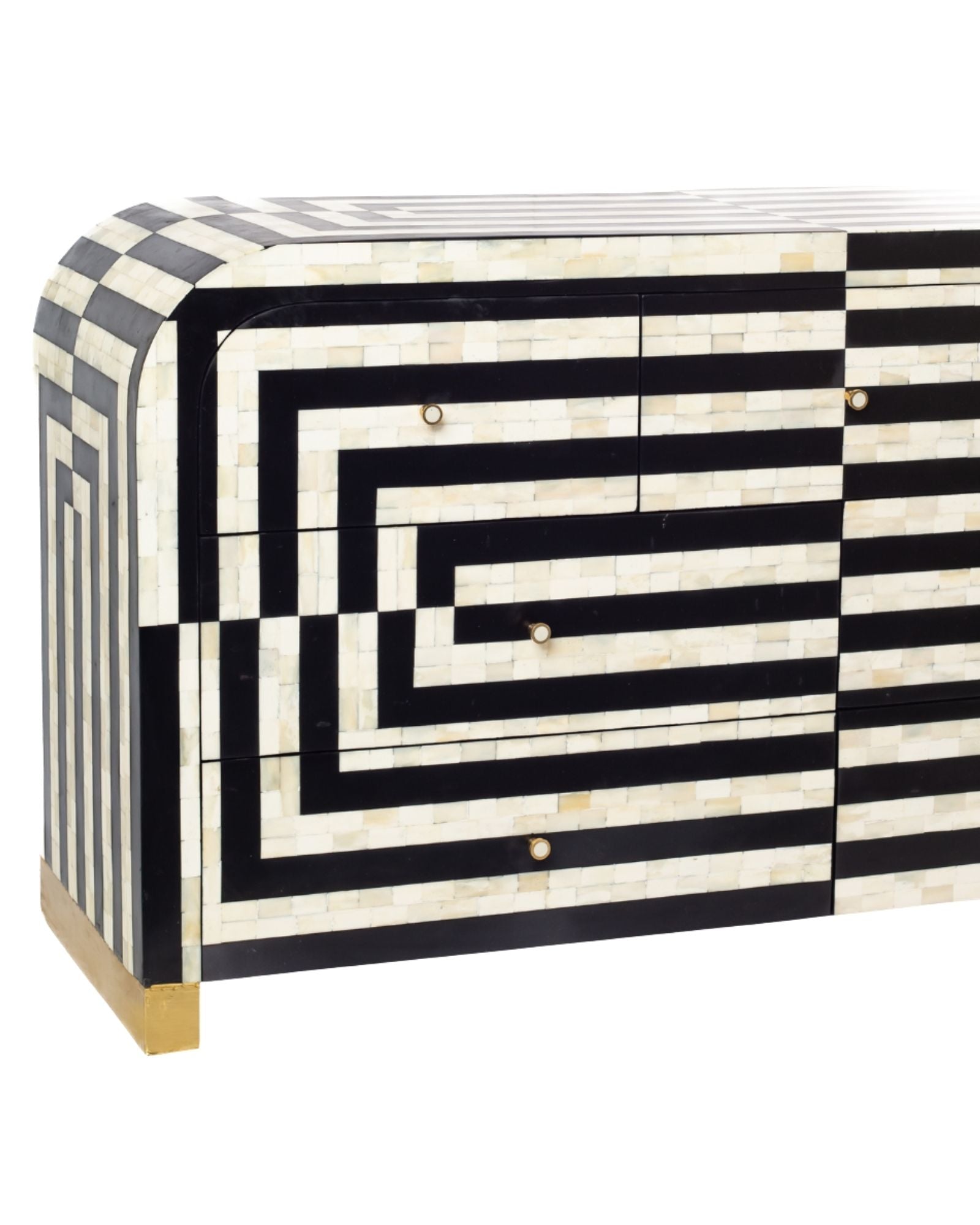 Zuri Striped Chest of Drawers in Black and white bone inlay by Tabeer Homes, featuring 7 drawers.