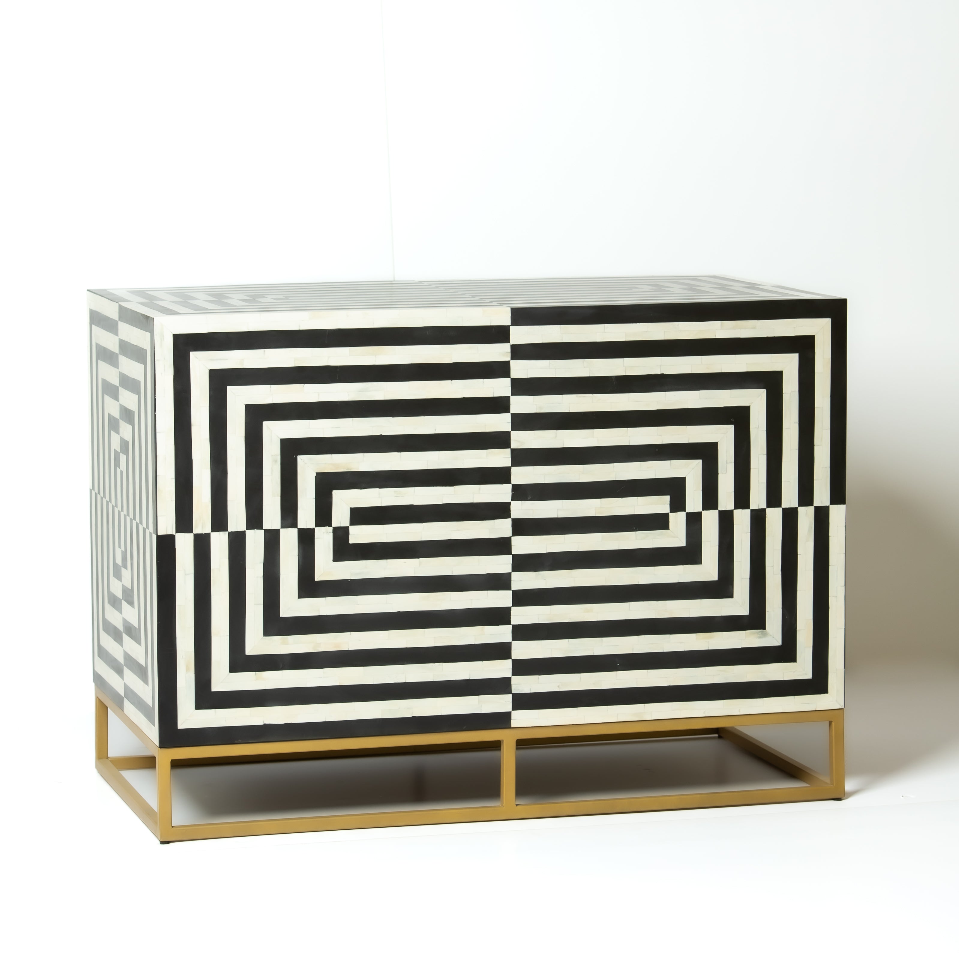 Black bone inlay bar cabinet with bold geometric front and open back storage, handmade with brass base and striking design.