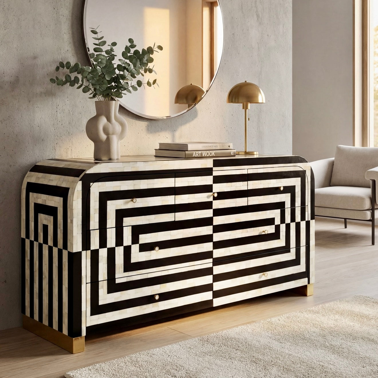 Zuri Striped Chest of Drawers in Black and white bone inlay by Tabeer Homes, featuring 7 drawers.