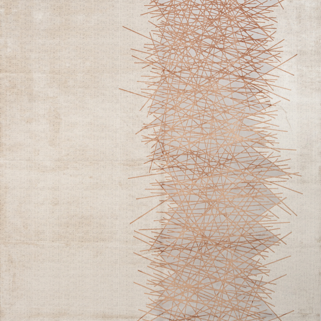 Modern abstract Cotton rug with copper linear pattern on a cream base, sized 350x250 cms – luxurious and contemporary.