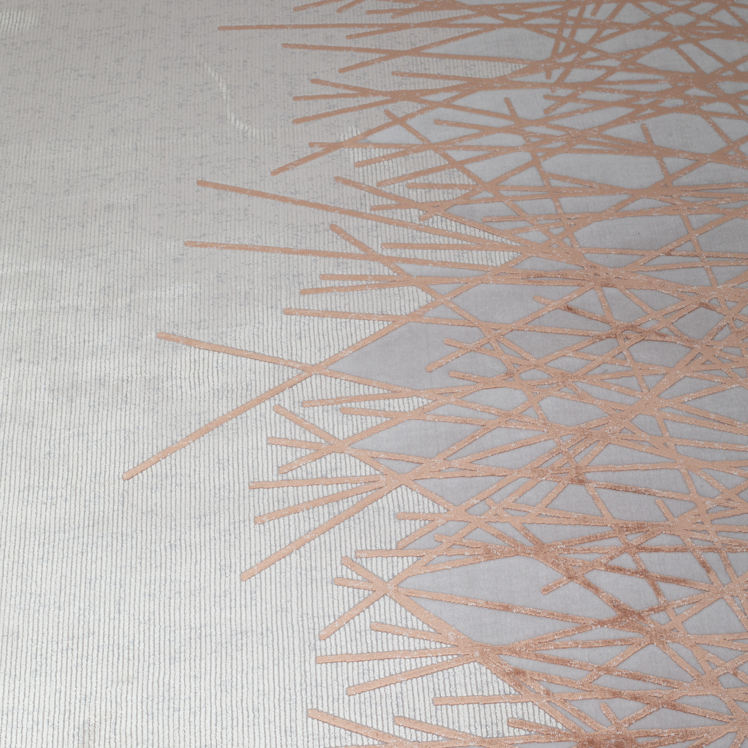 Modern abstract Cotton rug with copper linear pattern on a cream base, sized 350x250 cms – luxurious and contemporary.