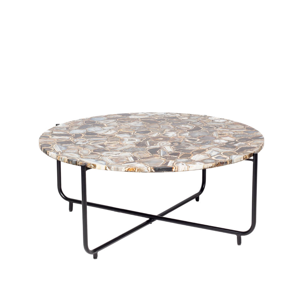 Round coffee table with genuine agate stone top and sleek black metal base, modern and luxurious centerpiece design.