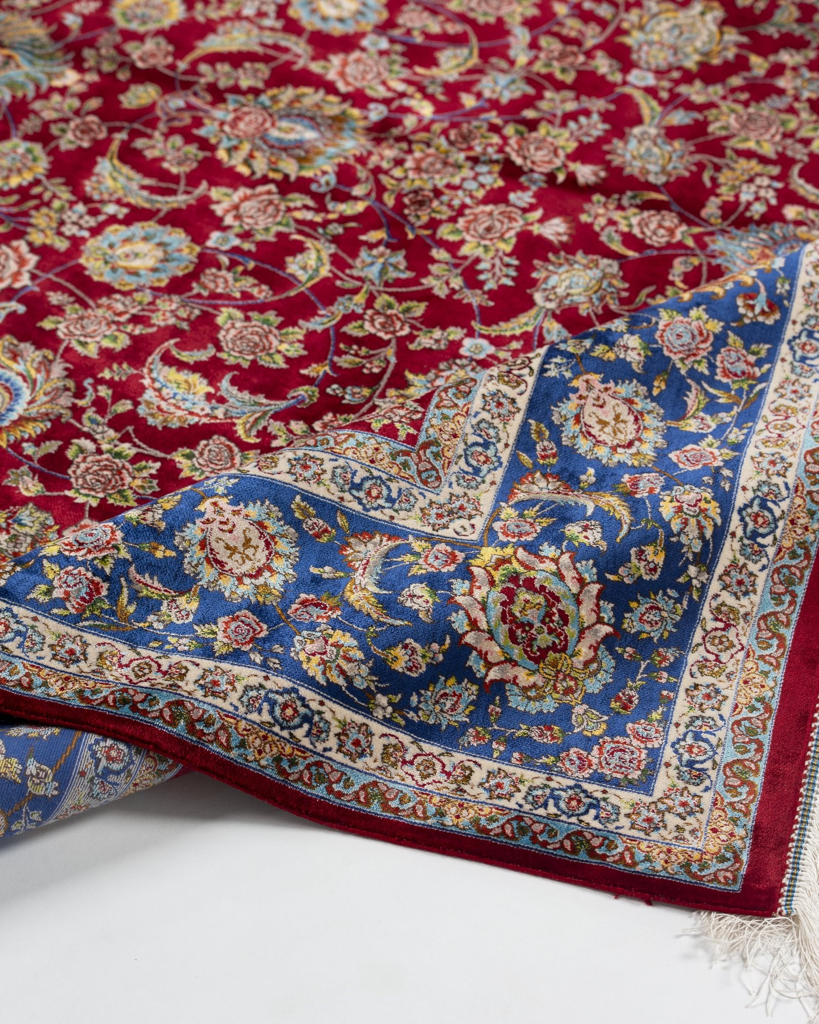 Alessia Persian silk rug side view showing depth of colour, ruby red 200 x 300 cm - Tabeer Homes Dubai