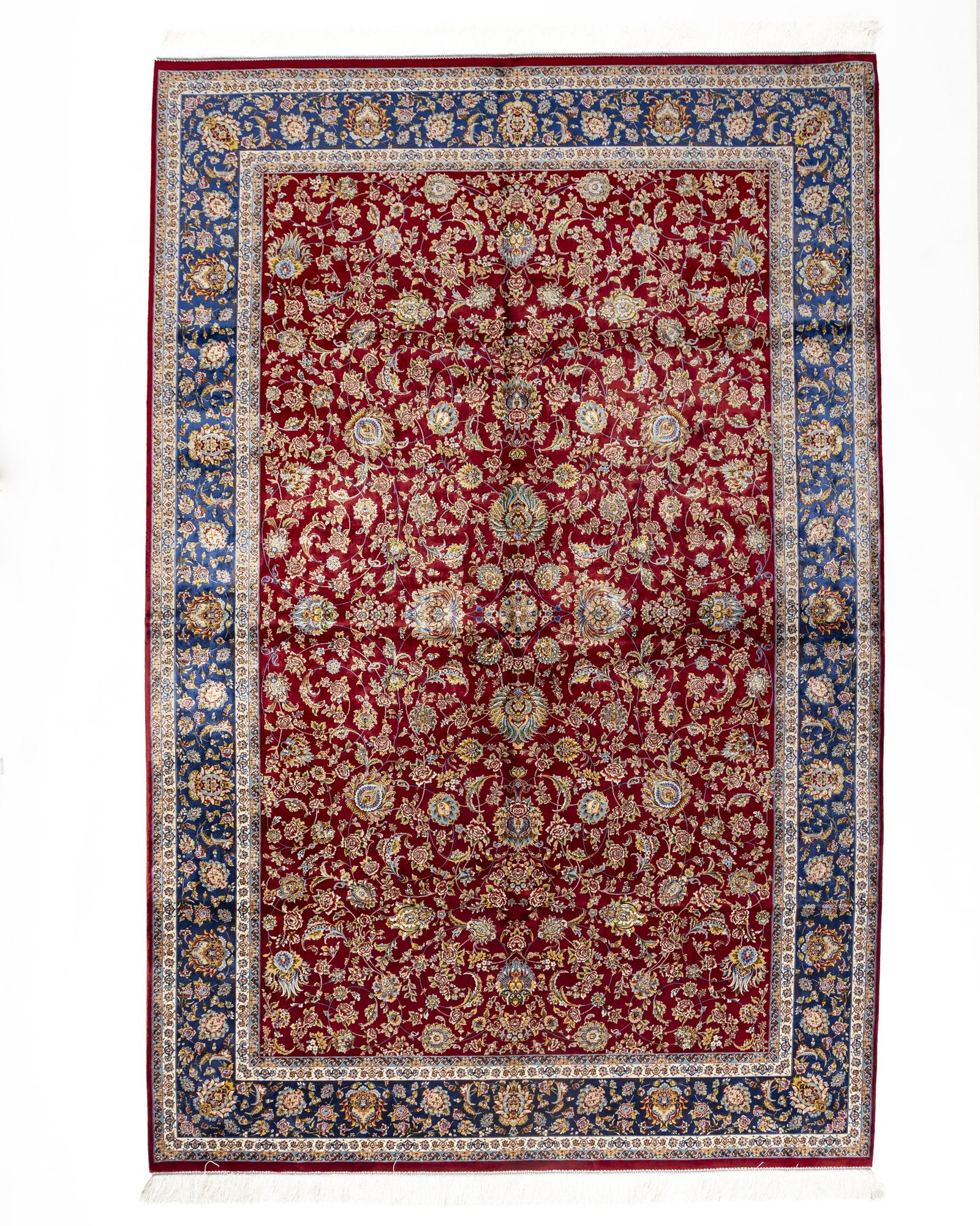Alessia Persian silk carpet 200 x 300 cm in ruby red, full overhead view - Tabeer Homes Dubai