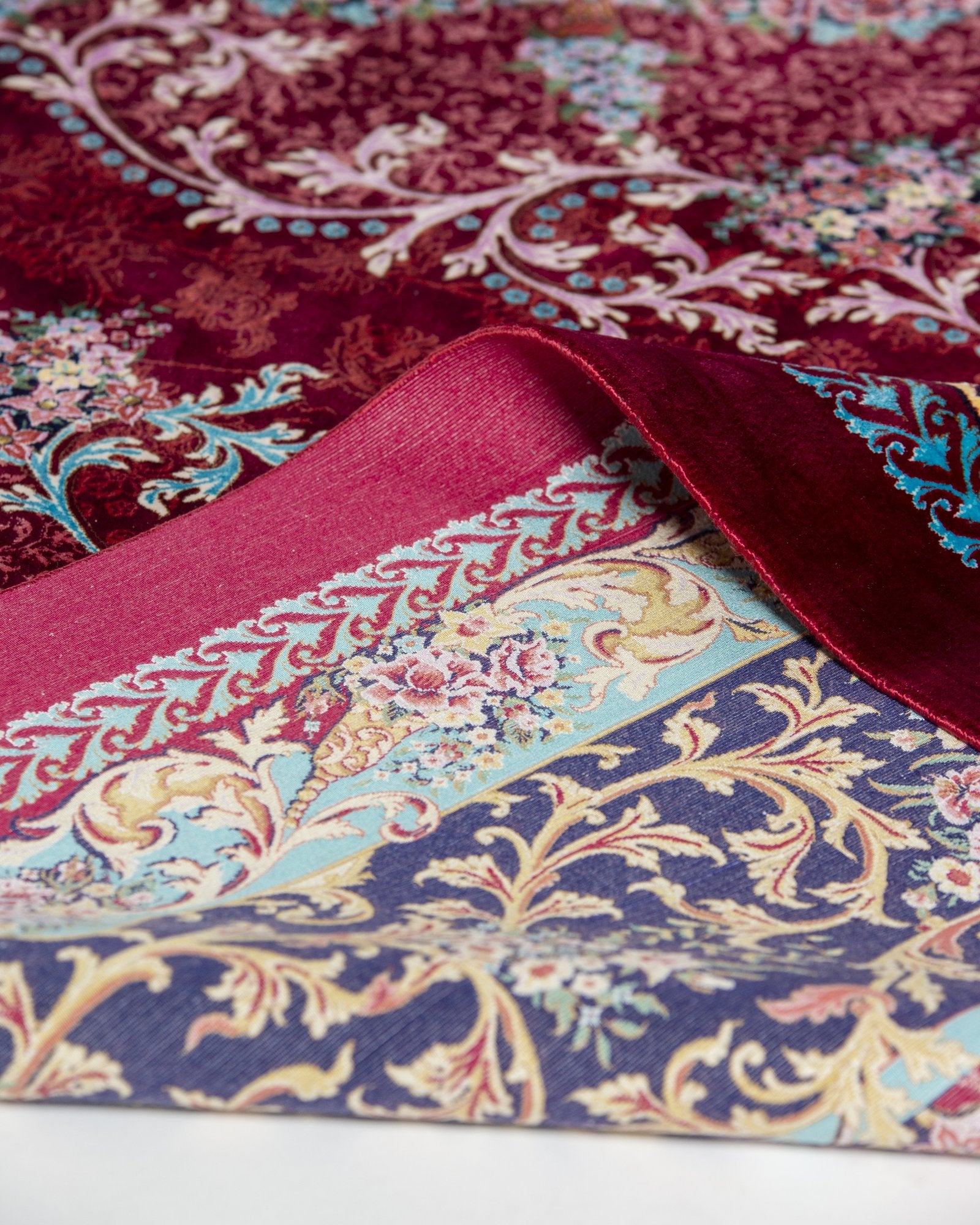 Almeria Persian silk rug side view showing depth of colour, ruby red 250 x 350 cm - Tabeer Homes Dubai