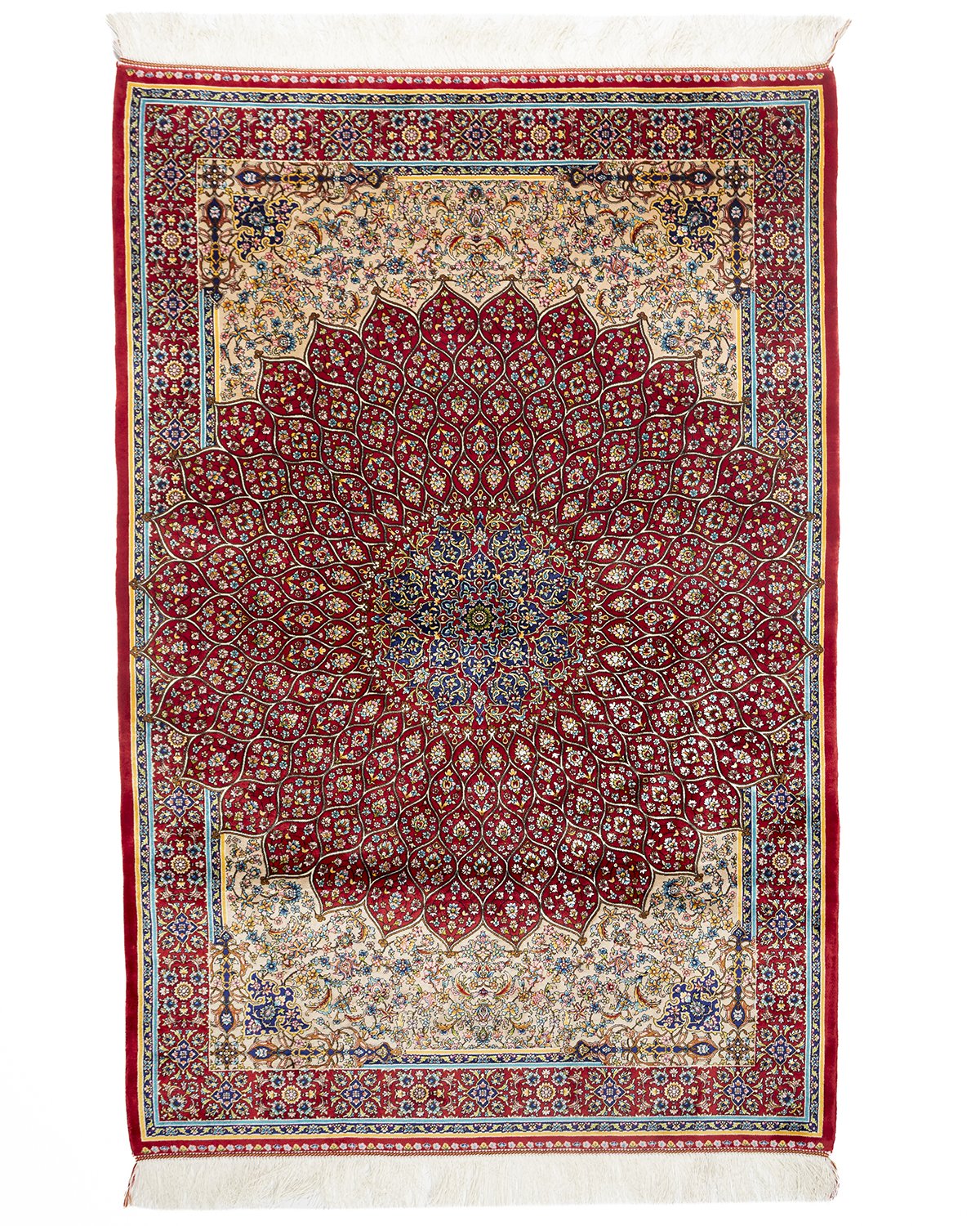 Almeria Persian silk carpet 250 x 350 cm in ruby red, full overhead view - Tabeer Homes Dubai