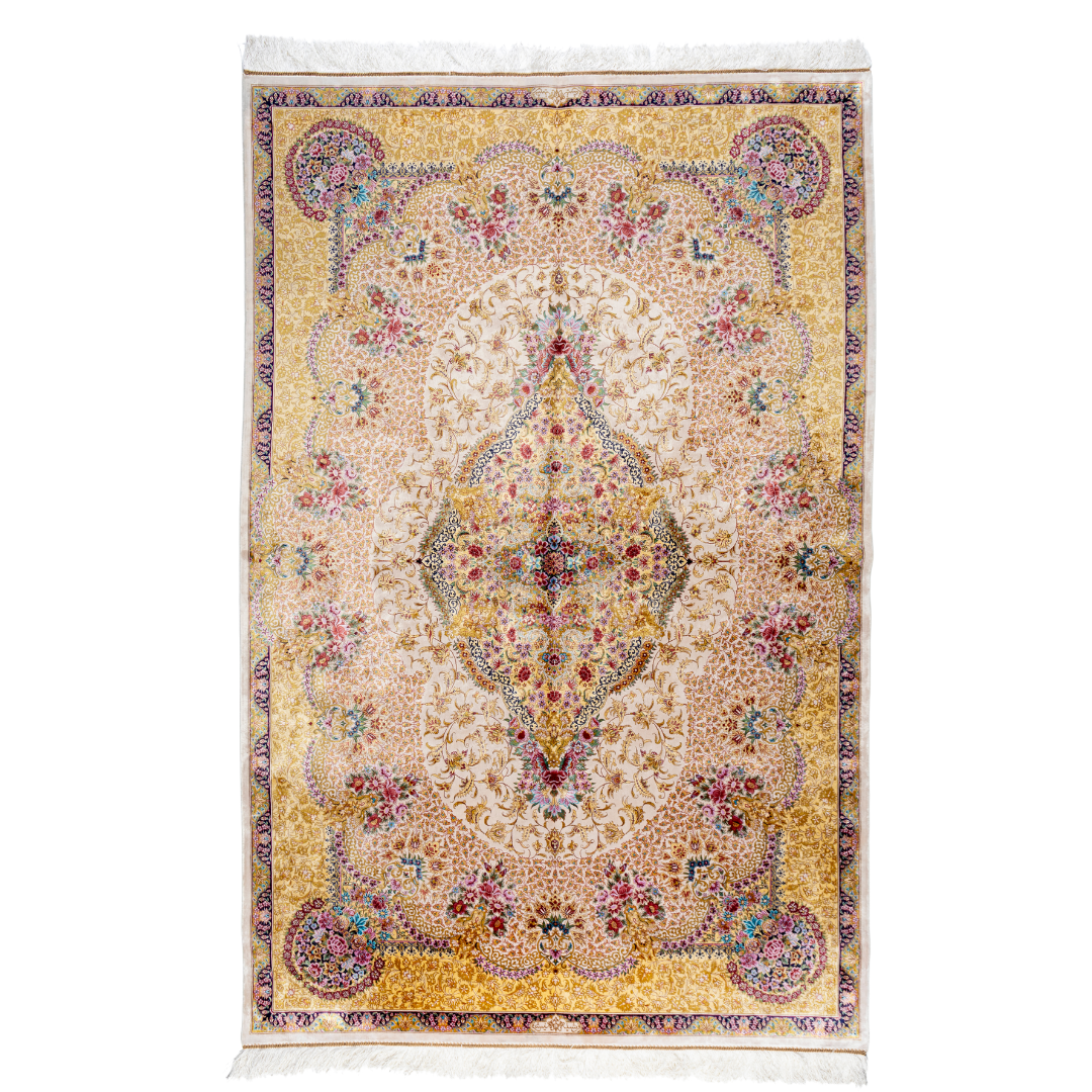 Handwoven silk rug in cream, gold, and blush tones featuring floral medallion, delicate vines, and ornate pastel detailing throughout.
