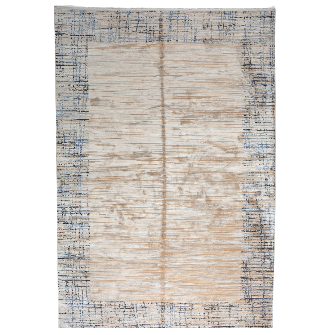 Alura cotton rug in 200x300 cms featuring a beige linear body with abstract navy border, modern and elegant in texture and tone.