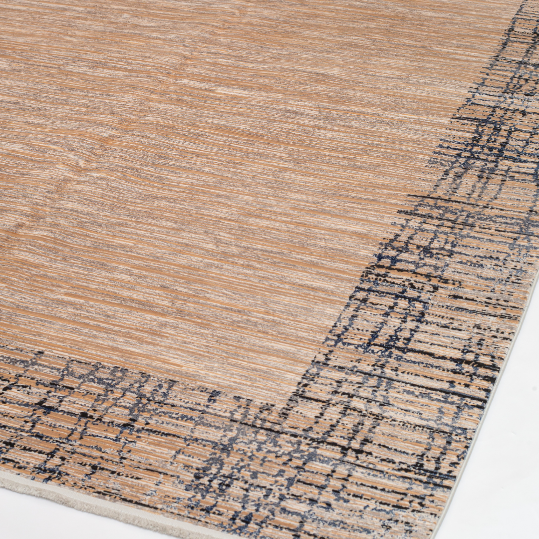 Alura cotton rug in 200x300 cms featuring a beige linear body with abstract navy border, modern and elegant in texture and tone.