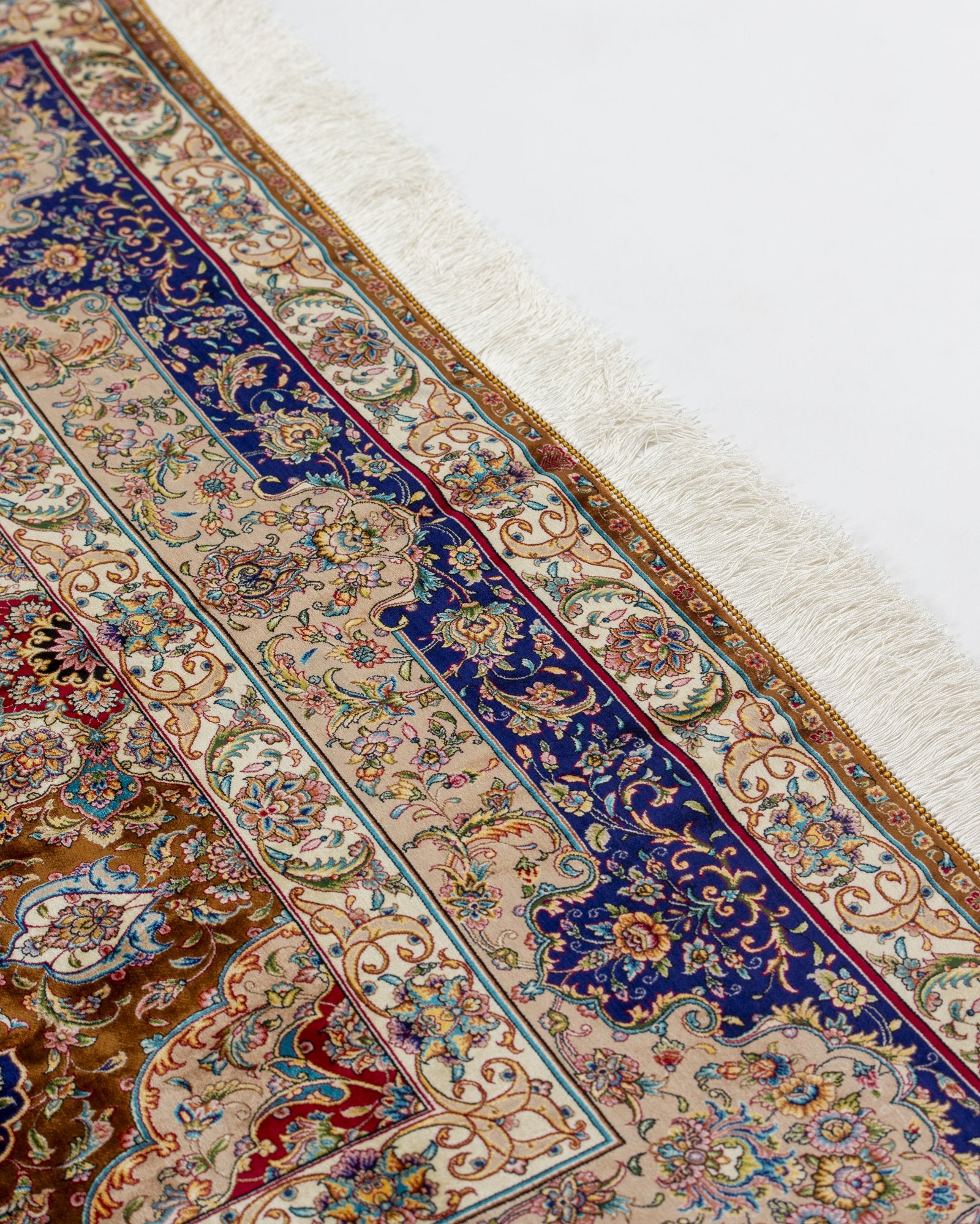 Ambra Persian silk carpet border and pattern detail, camel 225x150 cm - Tabeer Homes Dubai