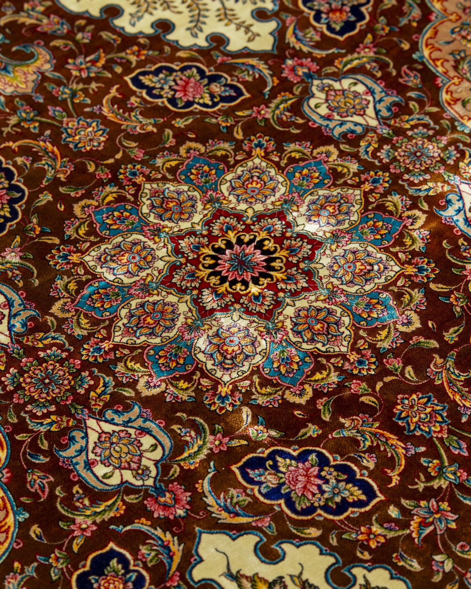 Ambra Persian silk carpet full angled view, camel 225x150 cm - Tabeer Homes Dubai
