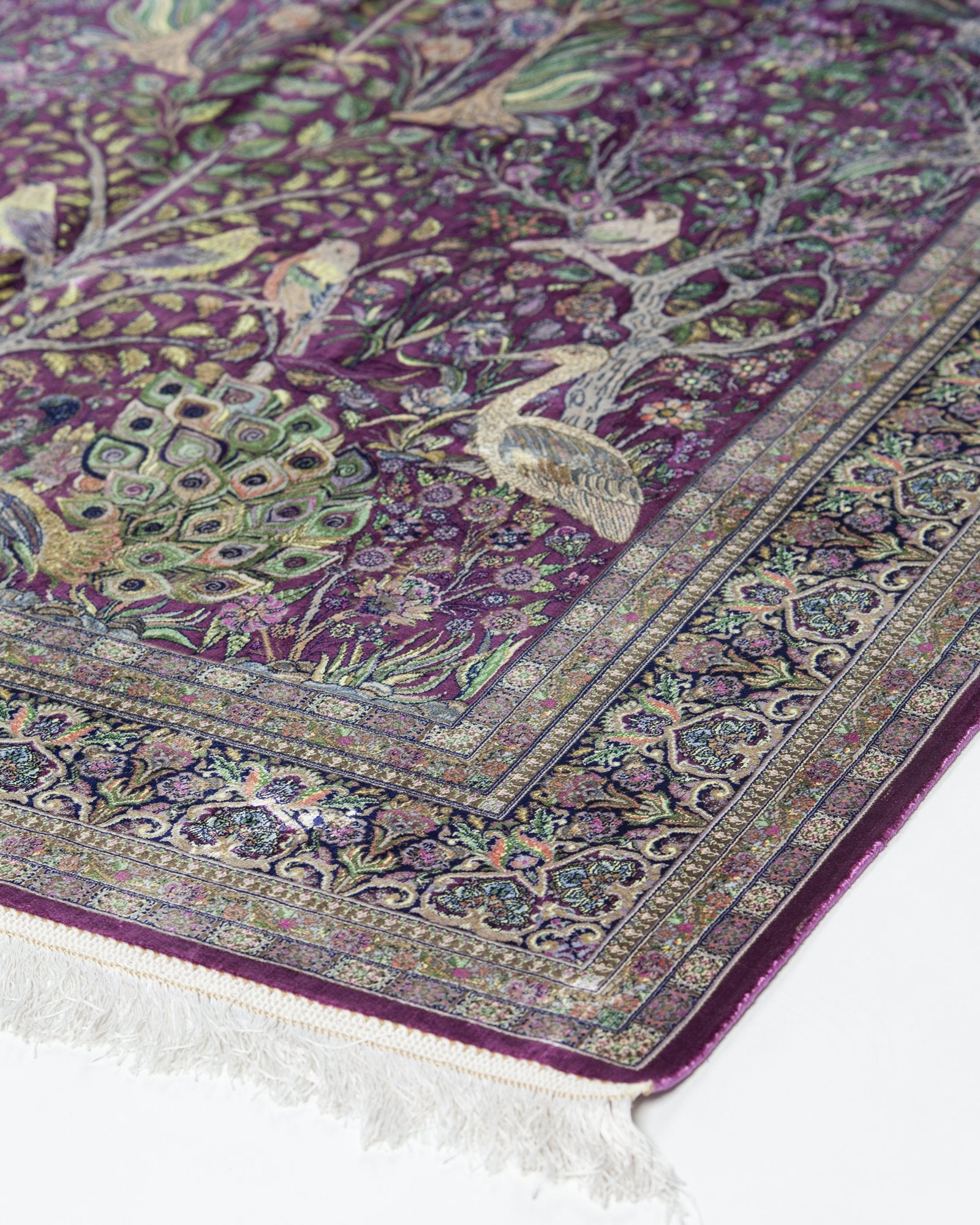 Anahita Persian silk and wool carpet medallion close-up, aubergine 225x150 cm - Tabeer Homes Dubai